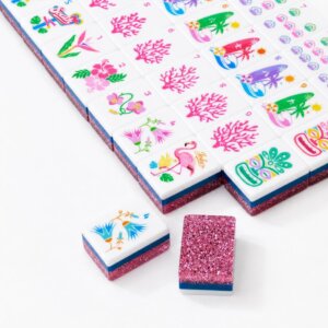 Pink Beach American Mahjong Set with themed layered acrylic tiles