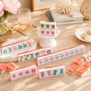 Coral Orange American Mahjong Set with themed layered acrylic tiles