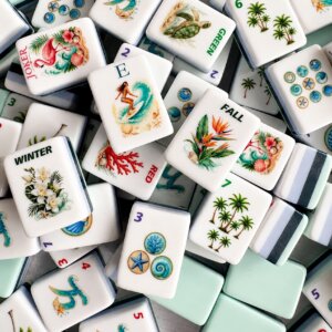 Ocean Breeze American Mahjong Set, 160 Acrylic Tiles UV Printed Coastal Beach Mahjong Game with Jokers & Blanks, Tropica