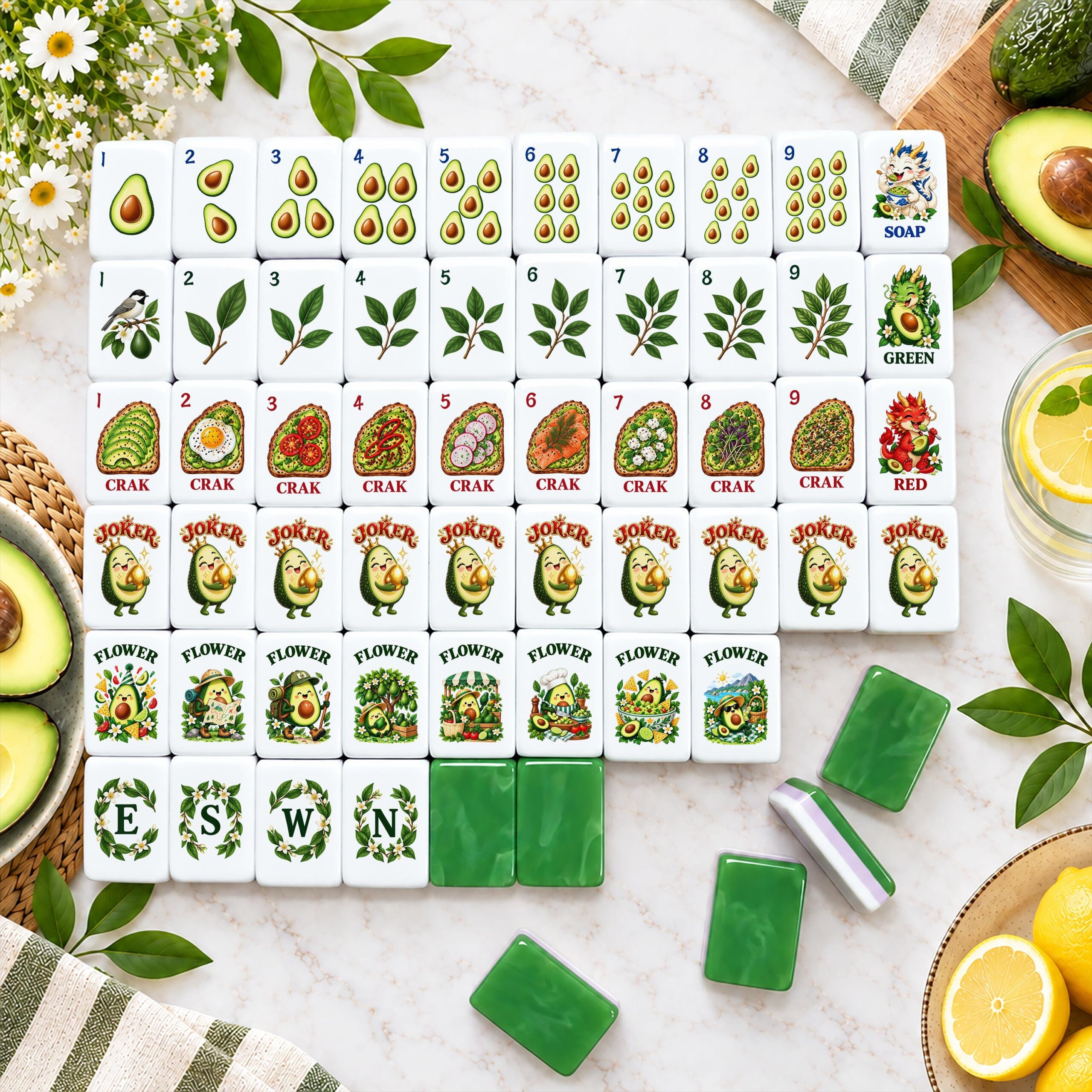 Avocado Brunch American Mahjong Tiles with avocado Dots leaf Bams toast Craks and green backs
