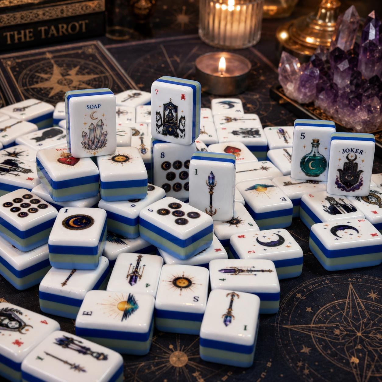 Mystic Celestial American Mahjong tiles with moon phases crystals and stars
