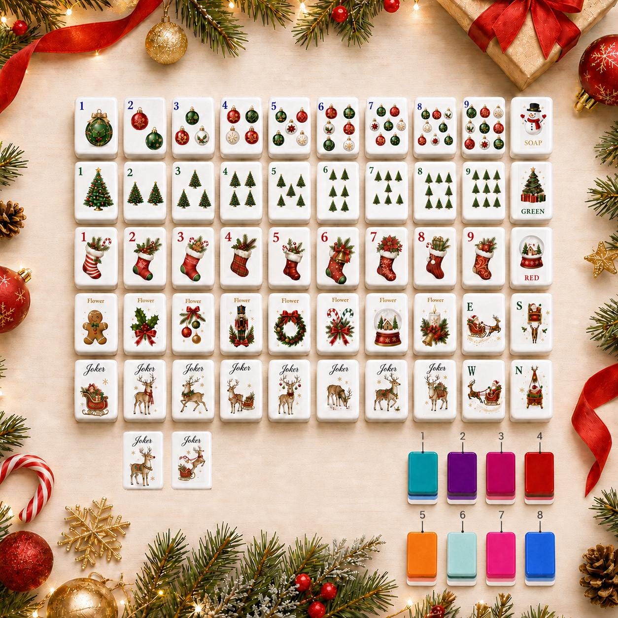 Vintage Christmas Sleigh American Mahjong tiles with ornaments and winter deer