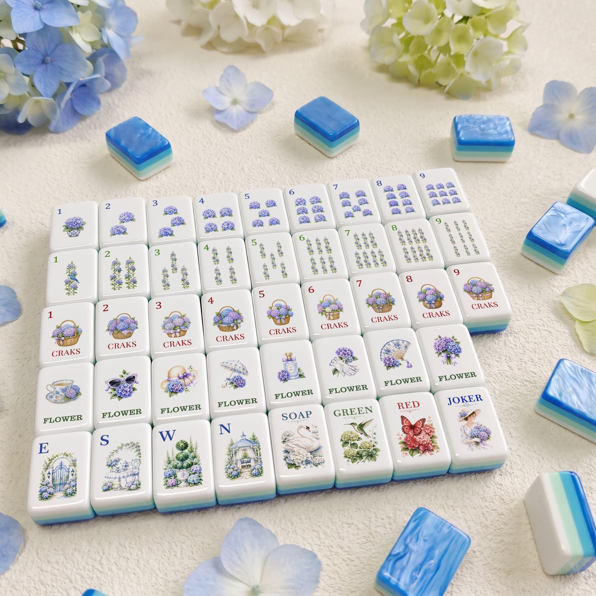 Hydrangea Tea Garden American Mahjong Tiles with flower Dots lavender Bams and basket Craks