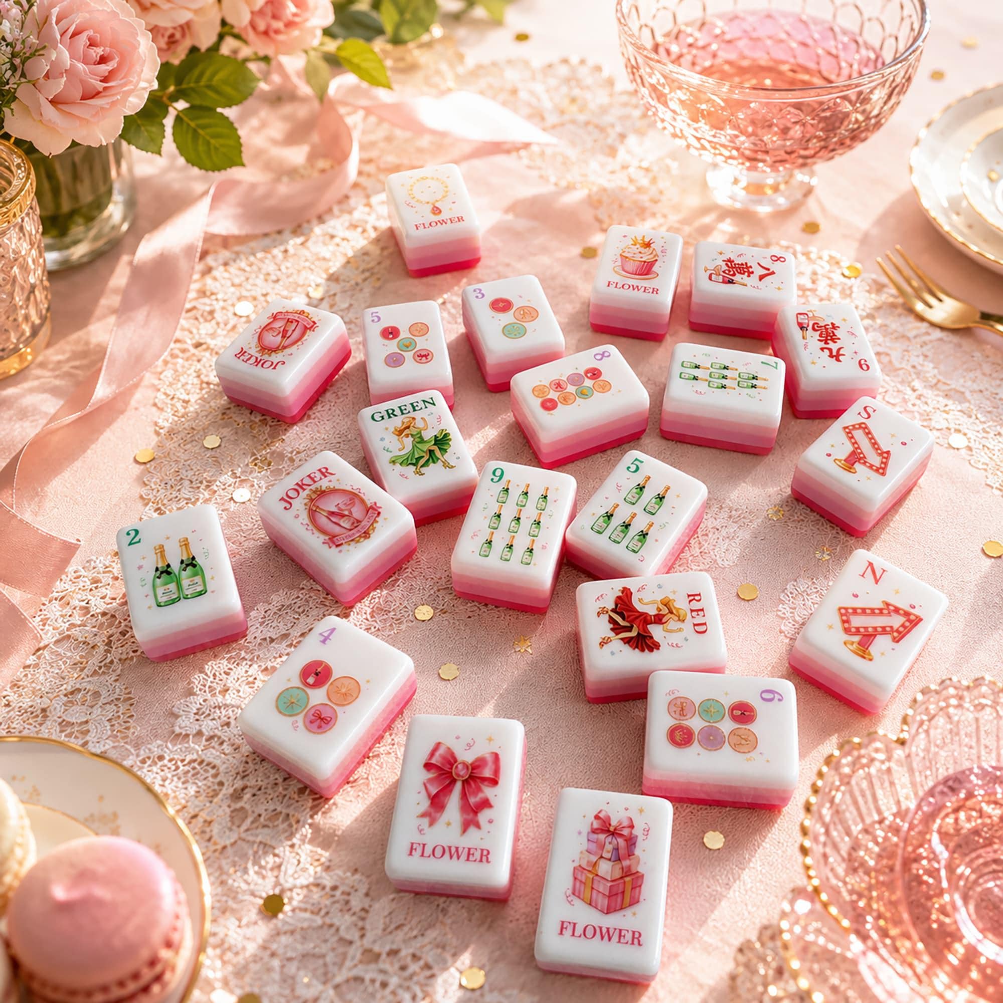 Bright pink champagne American Mahjong tiles with bows and party motifs