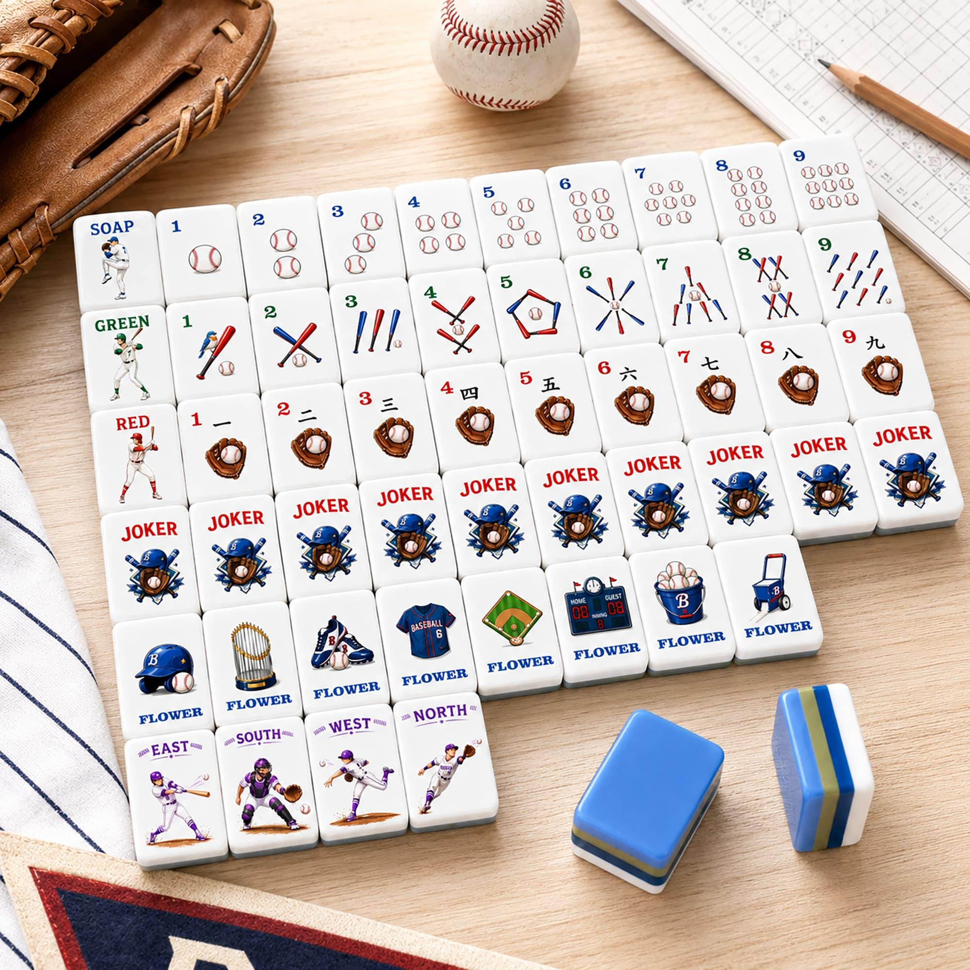 Blue-back Baseball Club American Mahjong tiles with ball and bat motifs