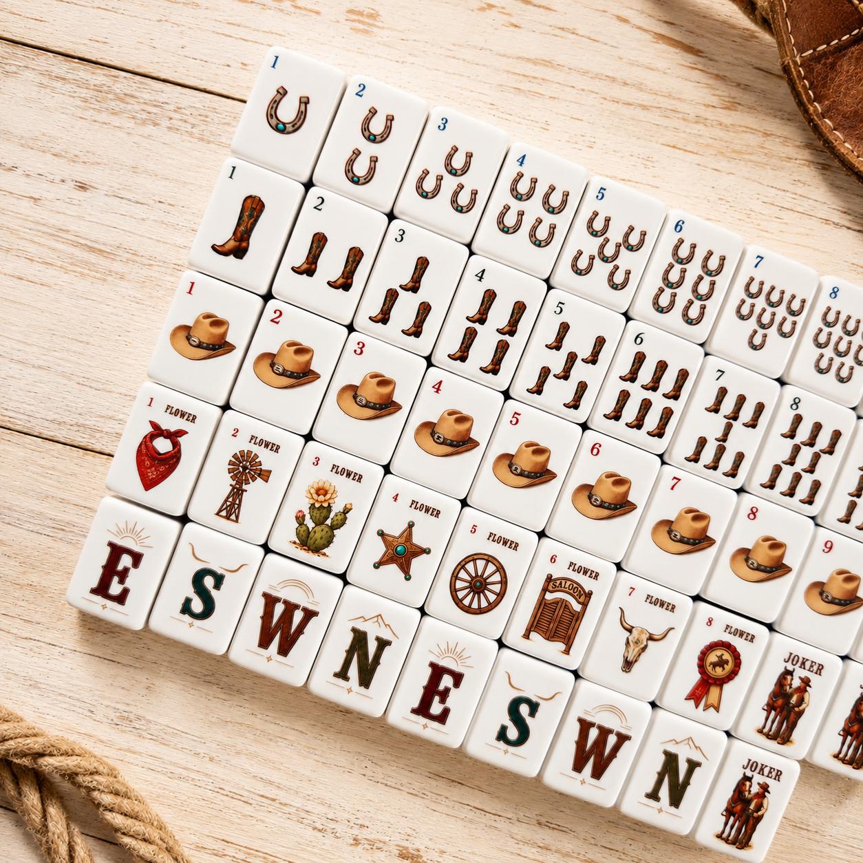 Western Rodeo Cowboy American Mahjong Tiles with horseshoe boot hat suits and ranch Jokers