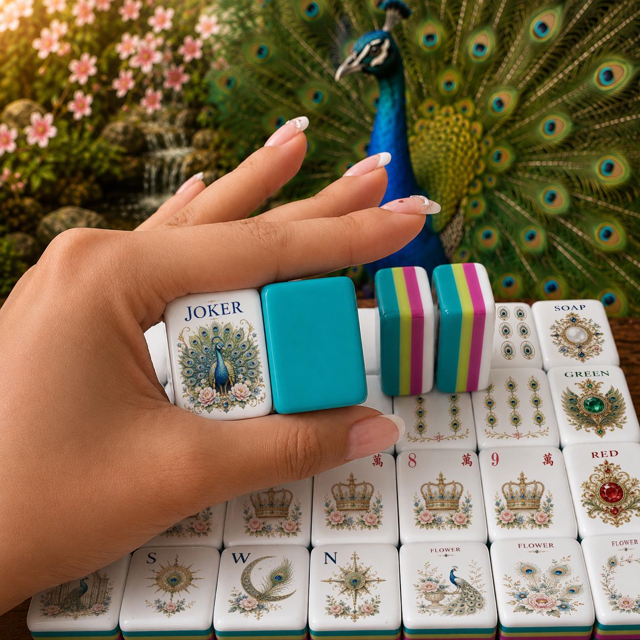 Royal Peacock Floral American Mahjong Tiles with peacock Joker feather dots and turquoise backs