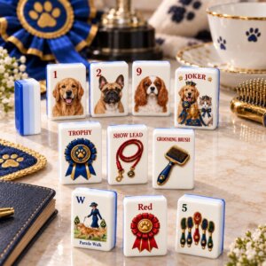 Vintage Dog Show American Mahjong Tiles with dog breed portraits trophy ribbon and blue edges
