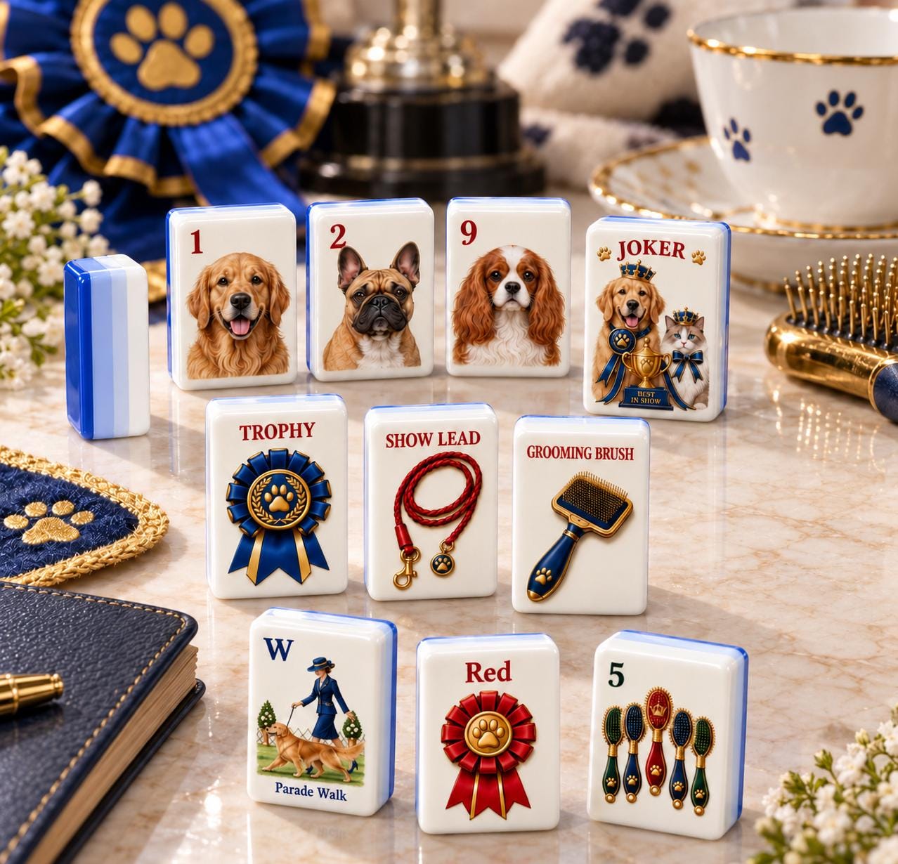 Vintage Dog Show American Mahjong Tiles with dog breed portraits trophy ribbon and blue edges