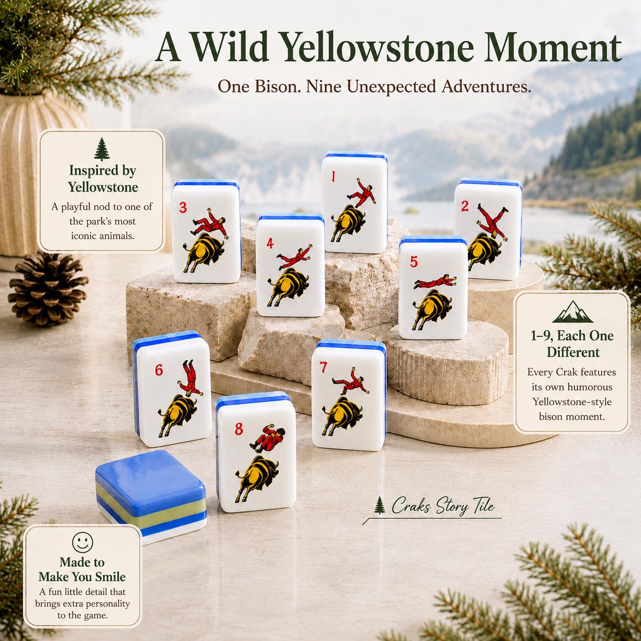 Yellowstone Wildlife American Mahjong tiles with bison and geyser artwork