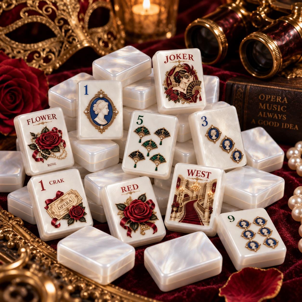 Midnight Masquerade Opera American Mahjong Tiles with rose cameo mask fan and pearl look backs