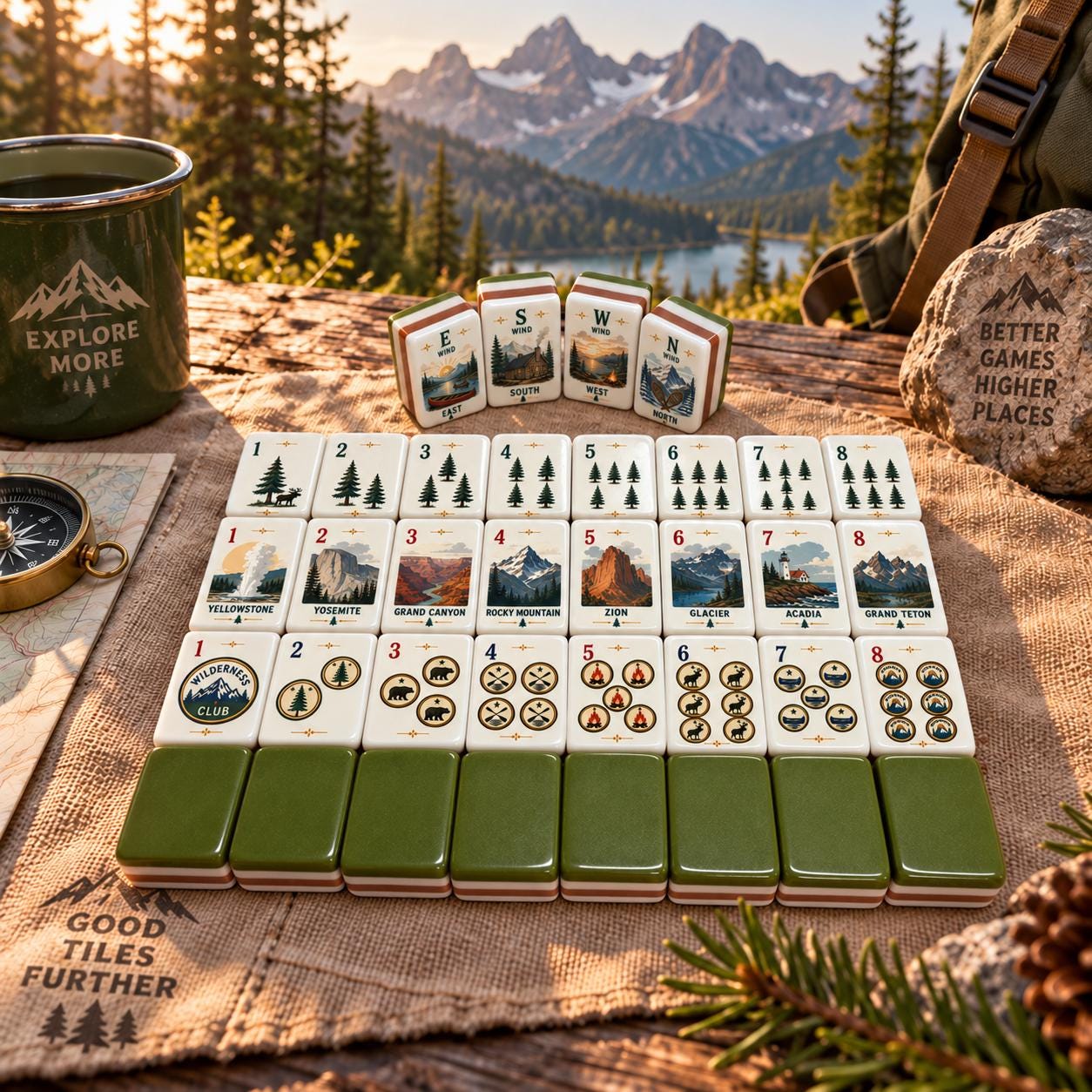 Great American Lodge National Parks Mahjong Tiles with park scenes pine trees and green backs