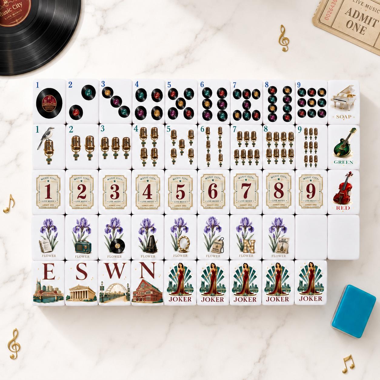 Nashville Music City American Mahjong tiles with microphones and vinyl artwork