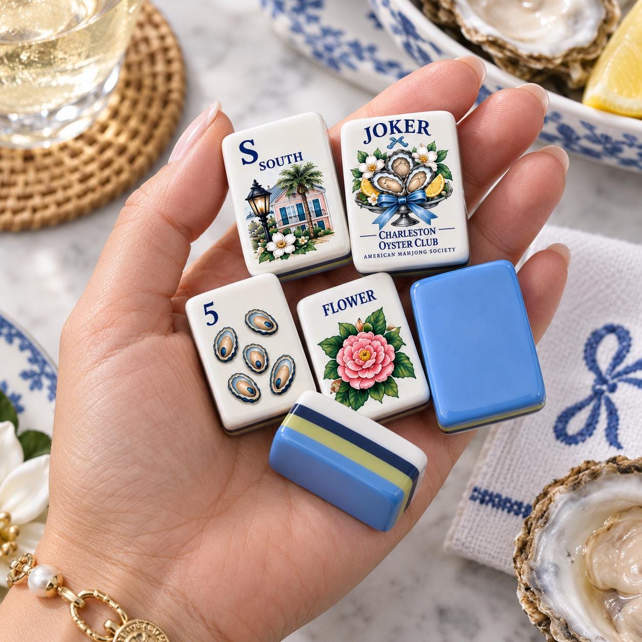 Charleston Oyster Club American Mahjong Tiles with oyster Joker magnolia and blue backs