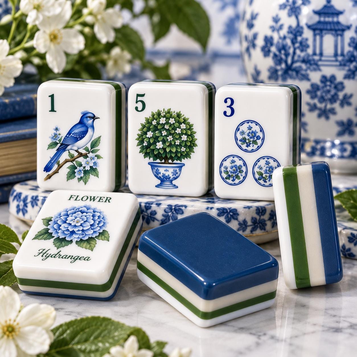 Blue Chinoiserie Secret Garden Mahjong Tiles with bluebird hydrangea floral dots and navy backs
