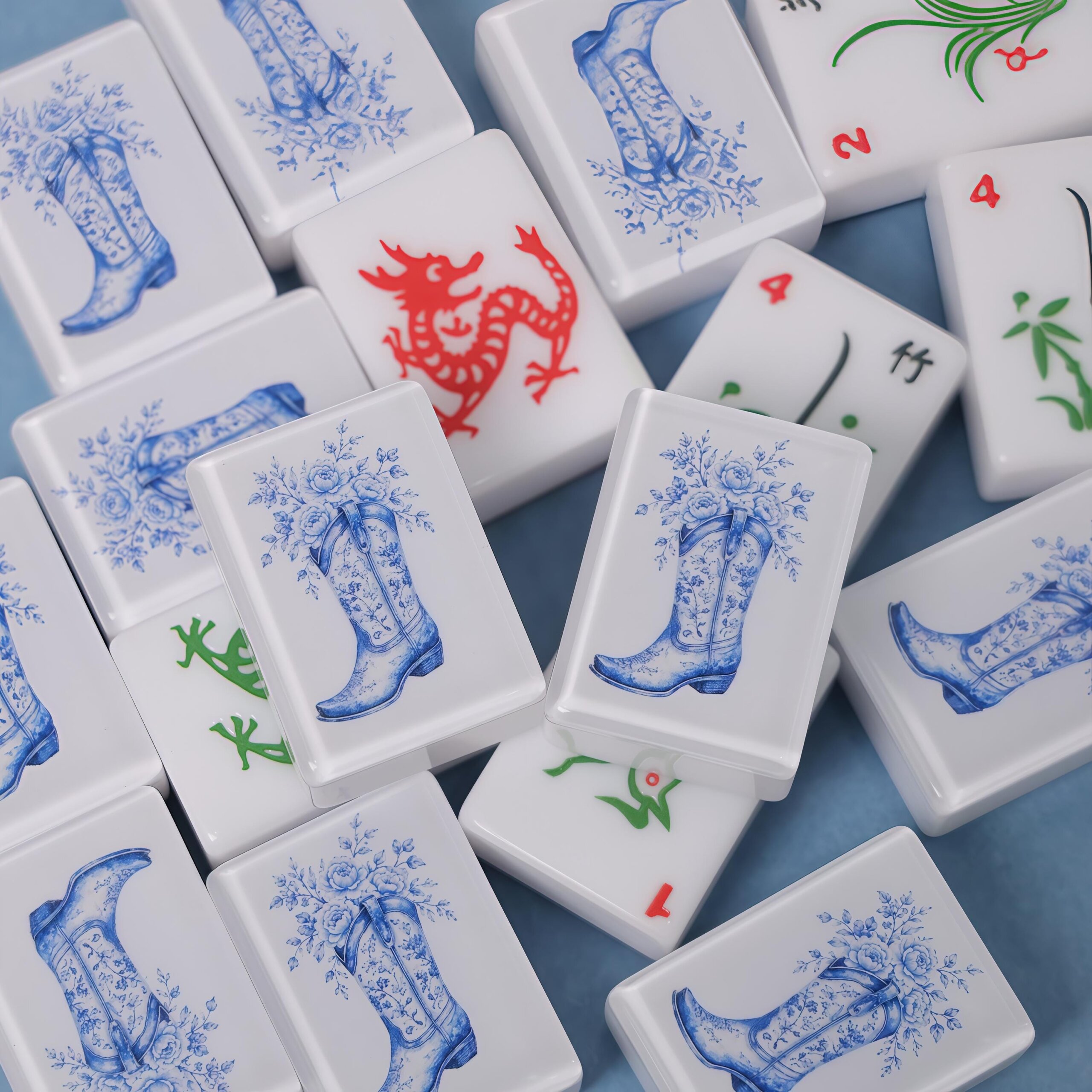 Blue floral cowboy-boot American Mahjong tiles with Western artwork