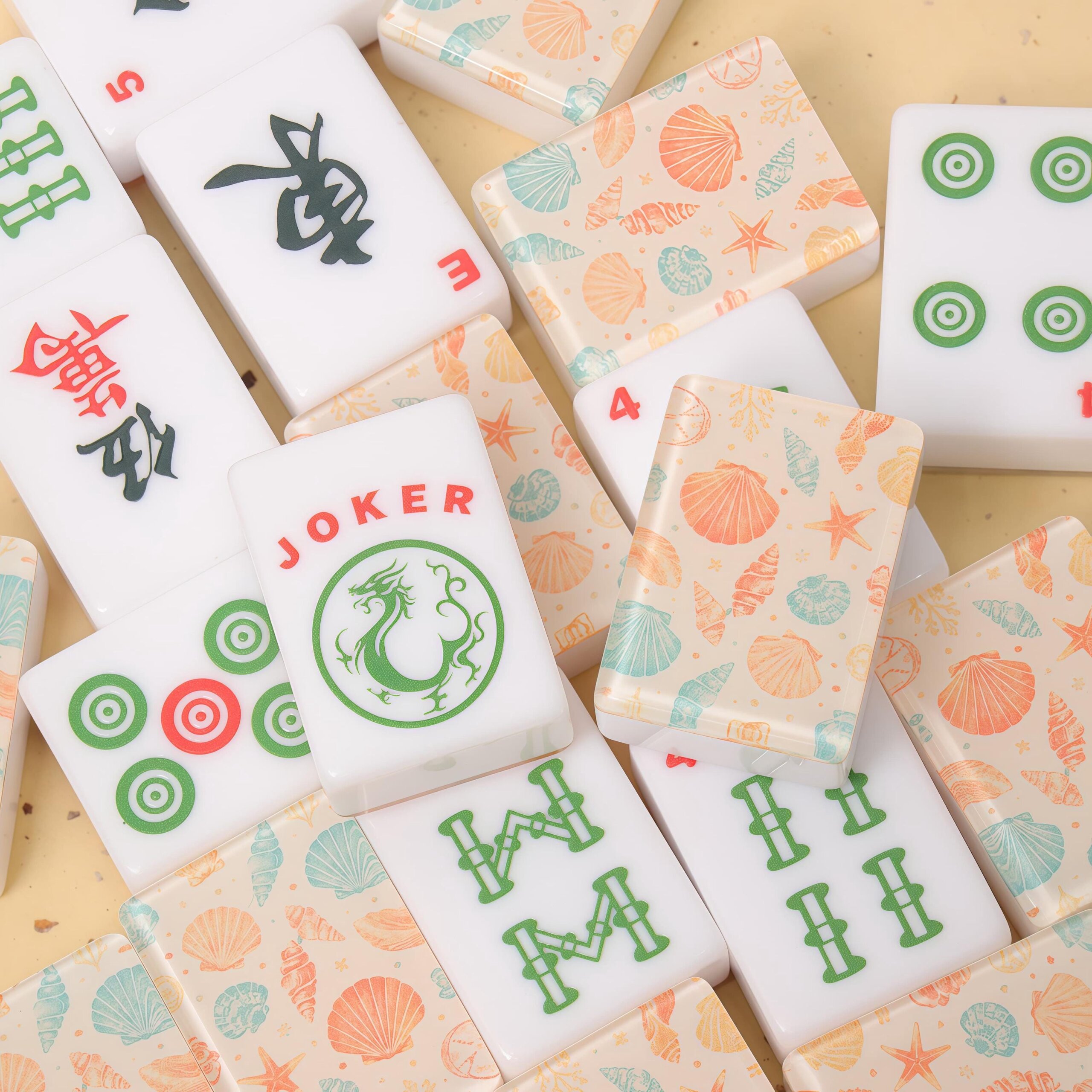 Pastel seashell-back American Mahjong tiles with starfish and coral art