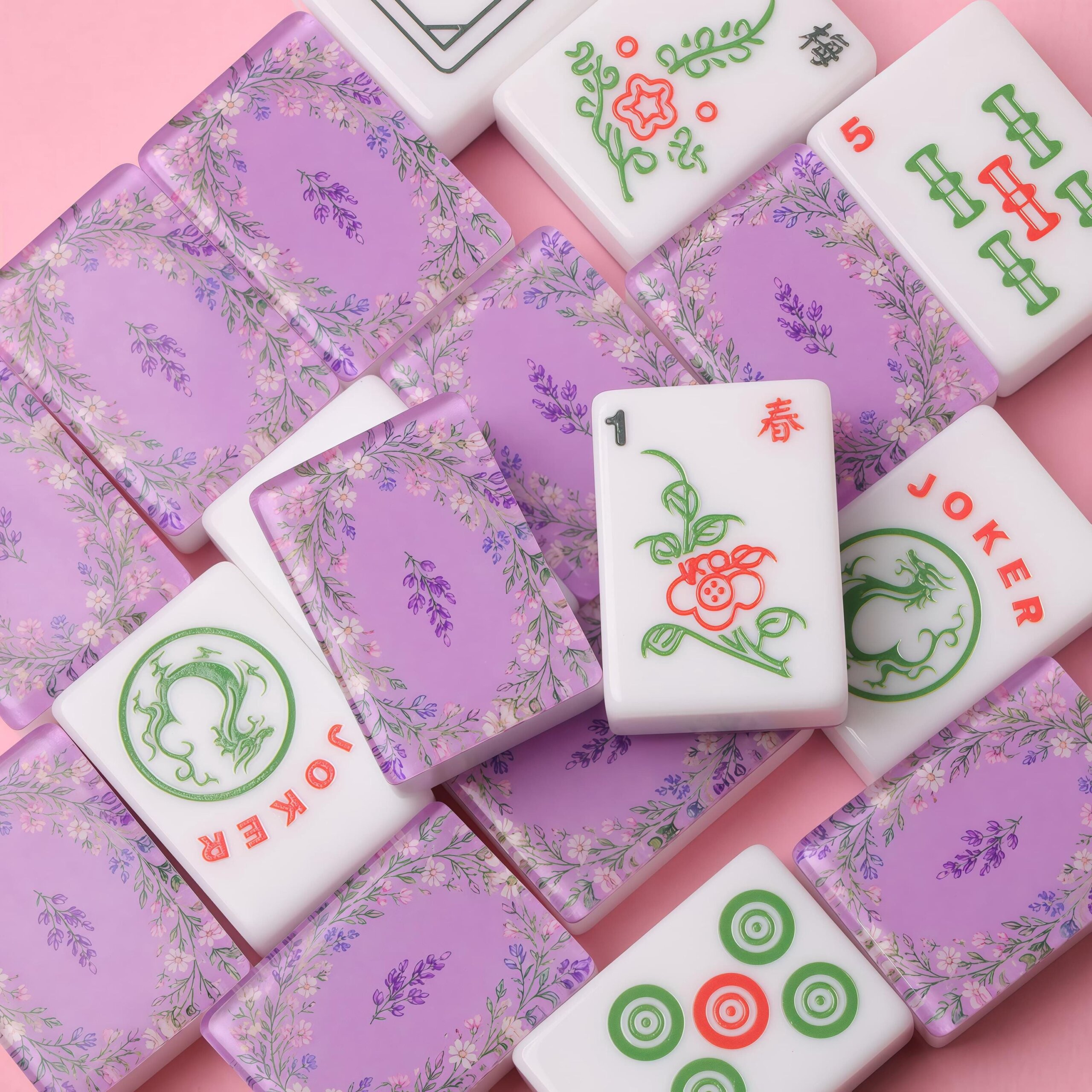Lavender floral-back American Mahjong tiles with purple blossoms