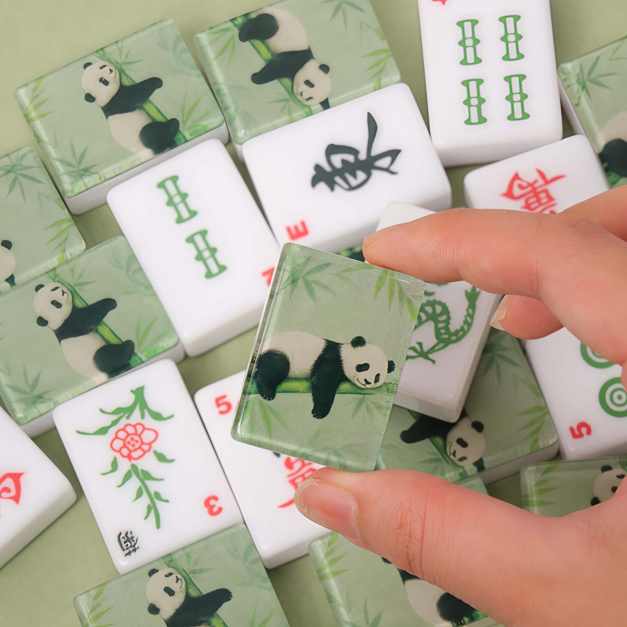 Panda-back bamboo American Mahjong tiles with green illustrated backs
