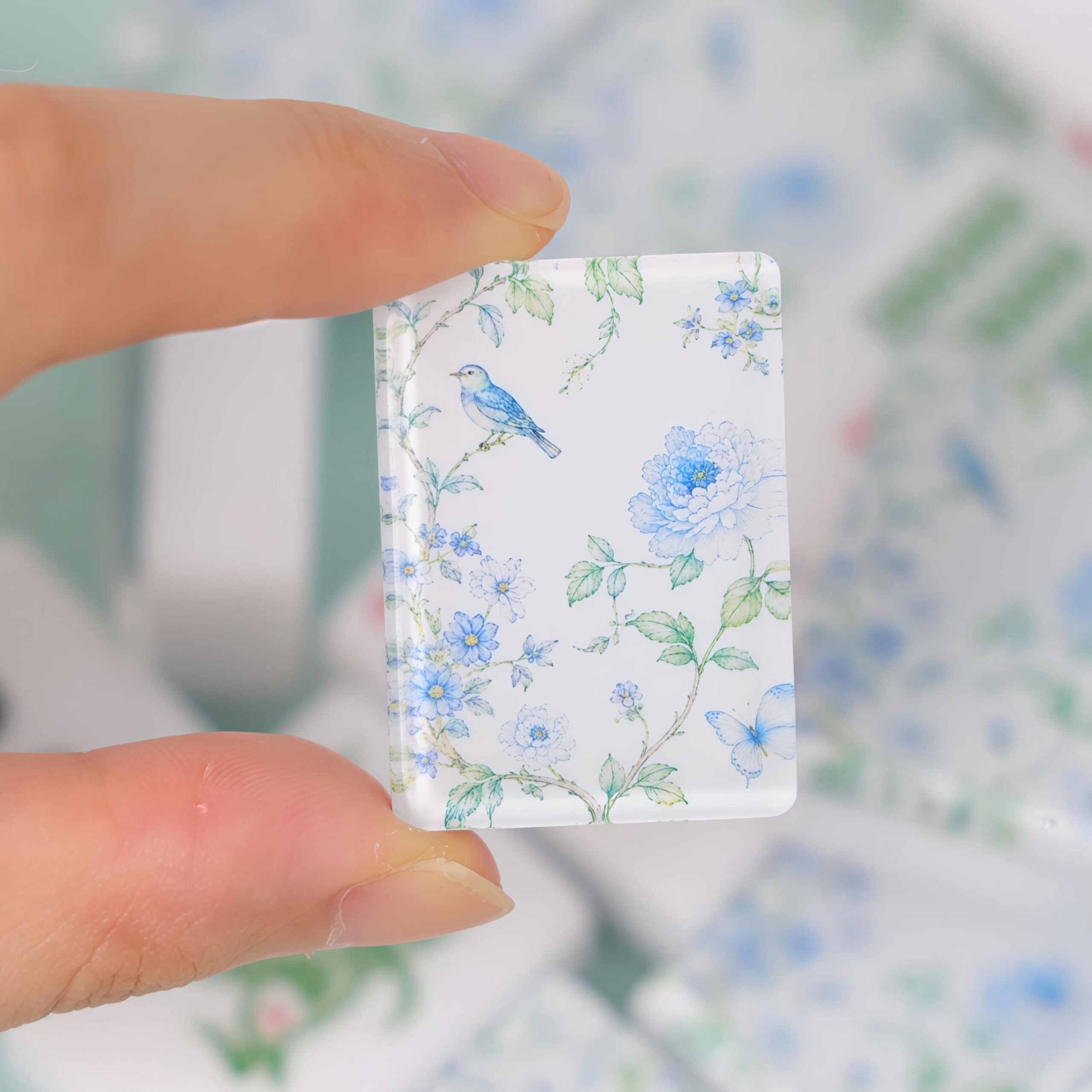 Blue bird floral-back American Mahjong tiles with pale blue flowers