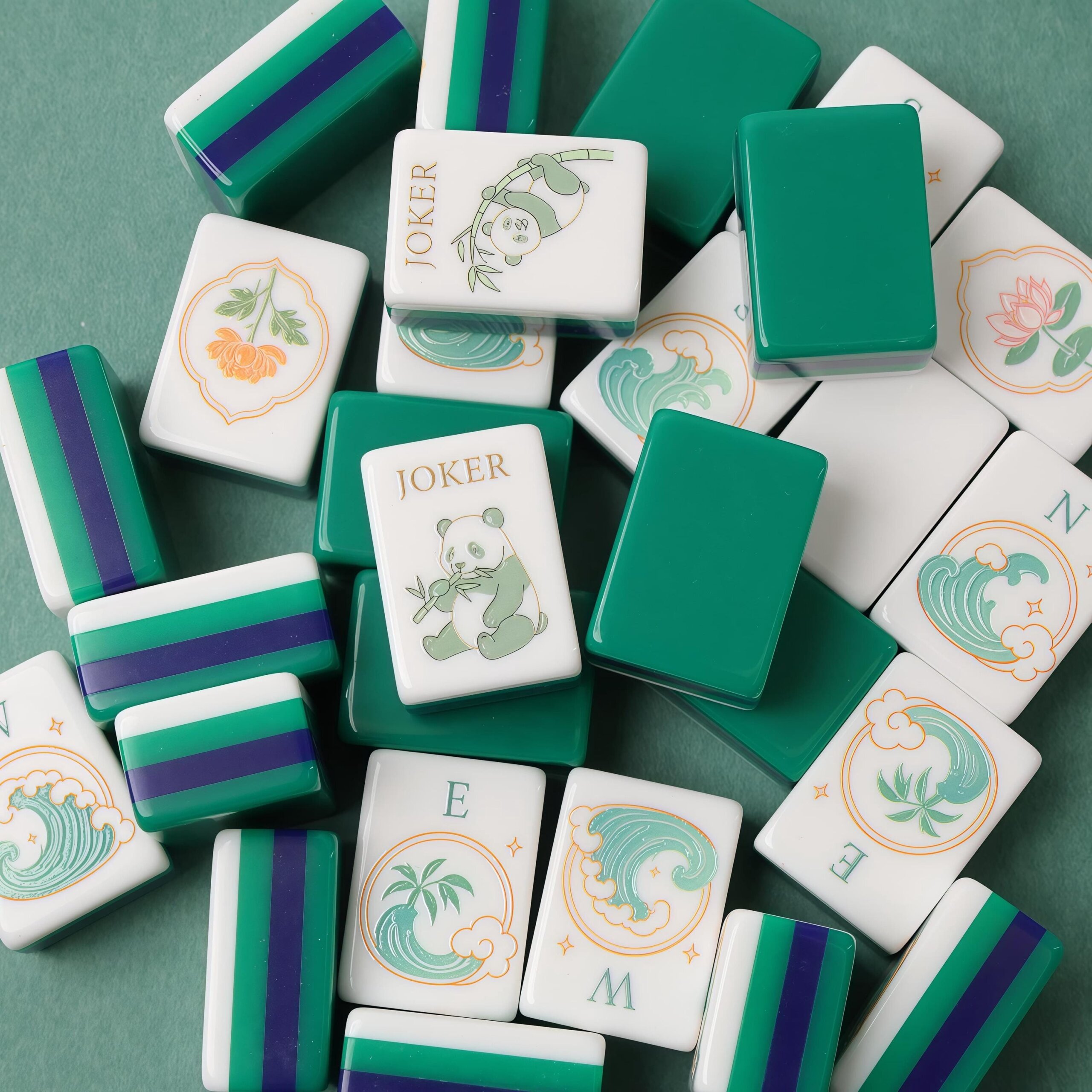 Emerald lotus American Mahjong tiles with panda Joker artwork