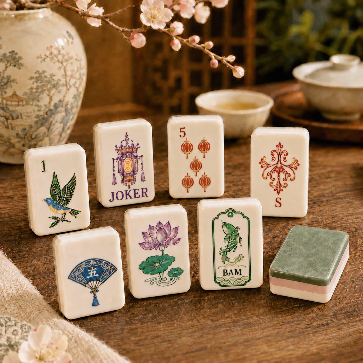Lotus and koi American Mahjong tiles with jade green backs