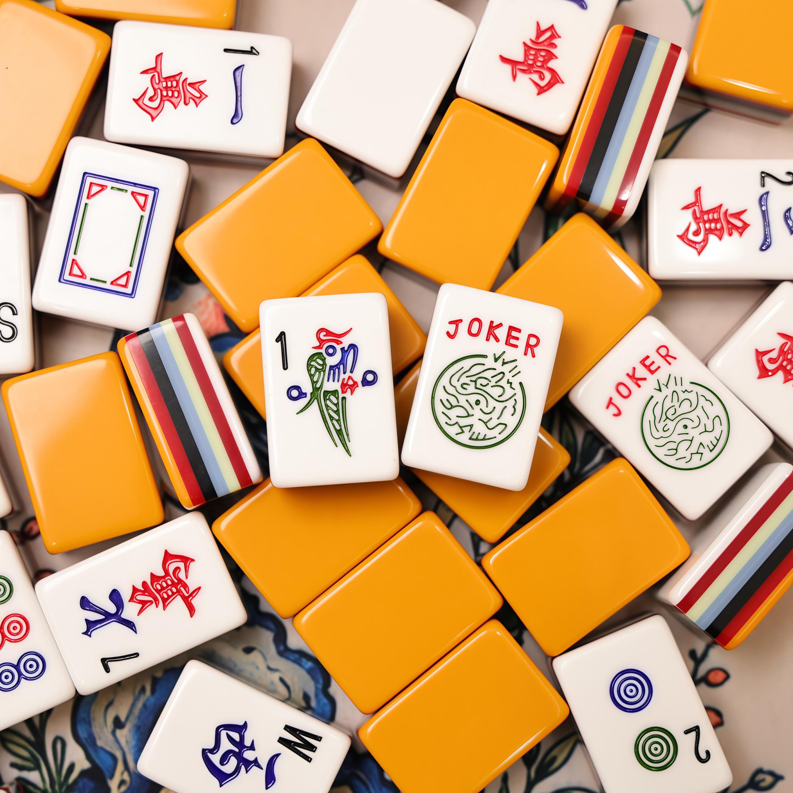 Retro orange color-block American Mahjong tiles with multicolor edges