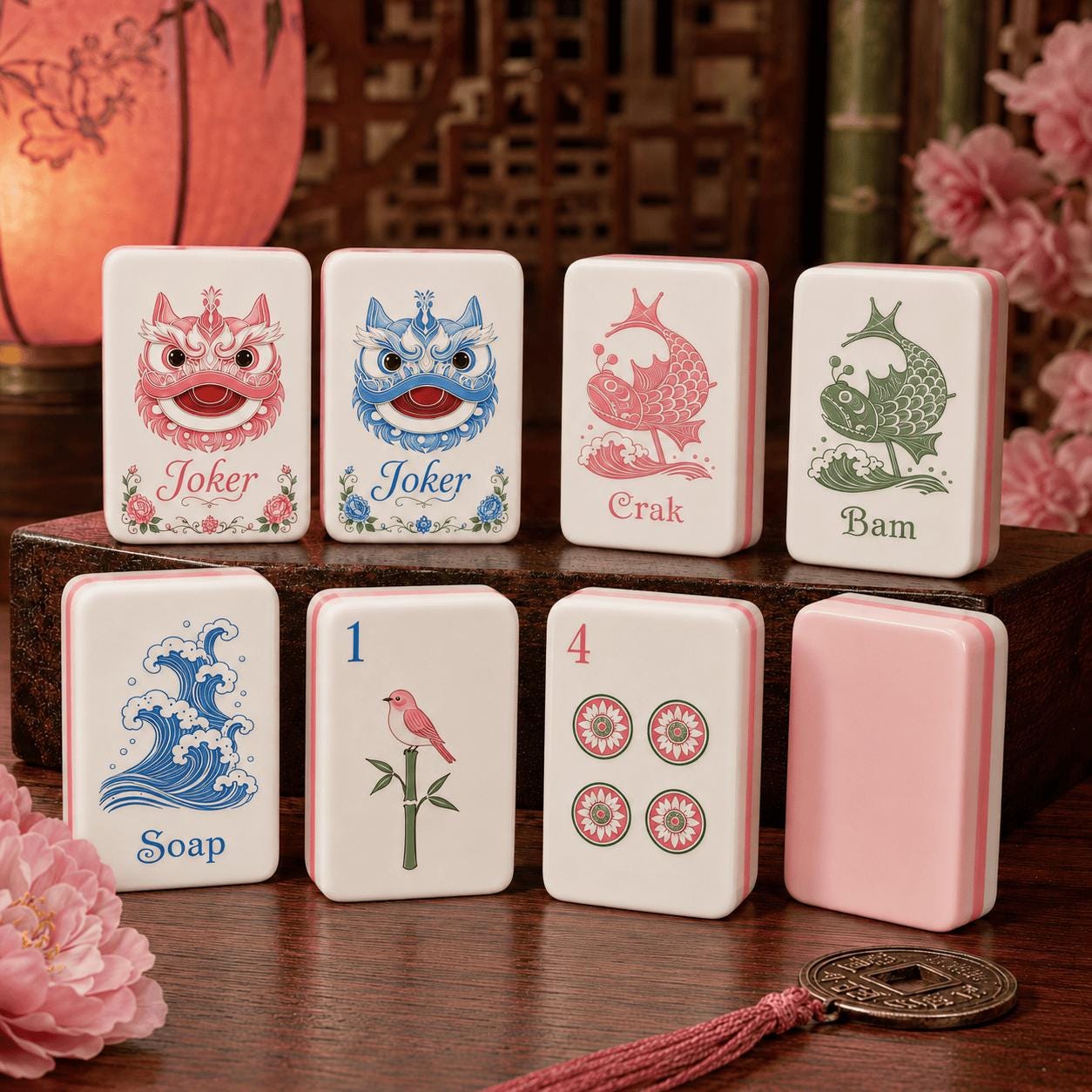 Pink Lion Dance American Mahjong tiles with koi and floral motifs