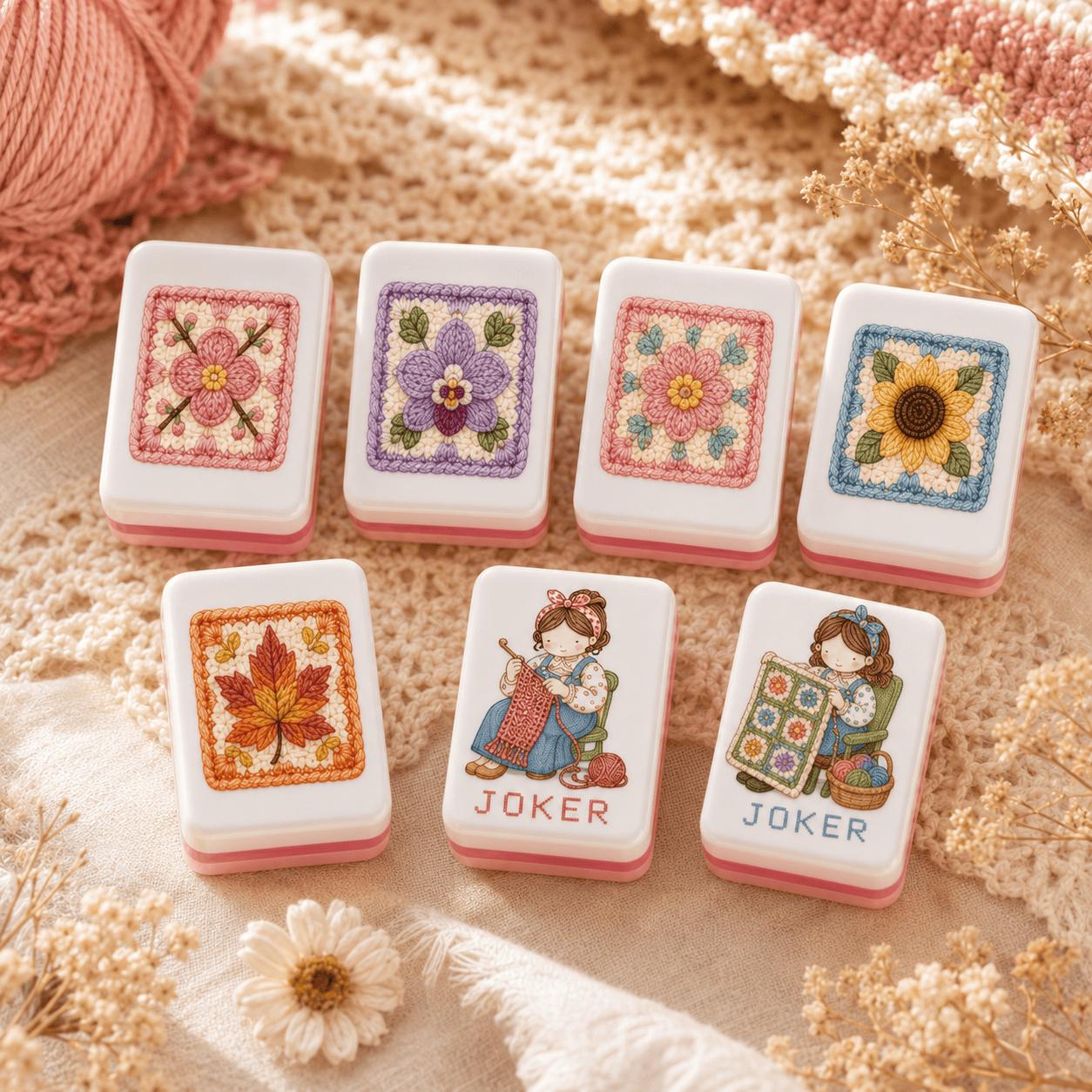 Knitting and crochet American Mahjong tiles with yarn and button motifs