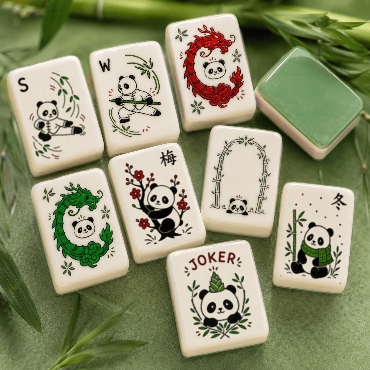 Panda and bamboo forest American Mahjong tiles with green backs