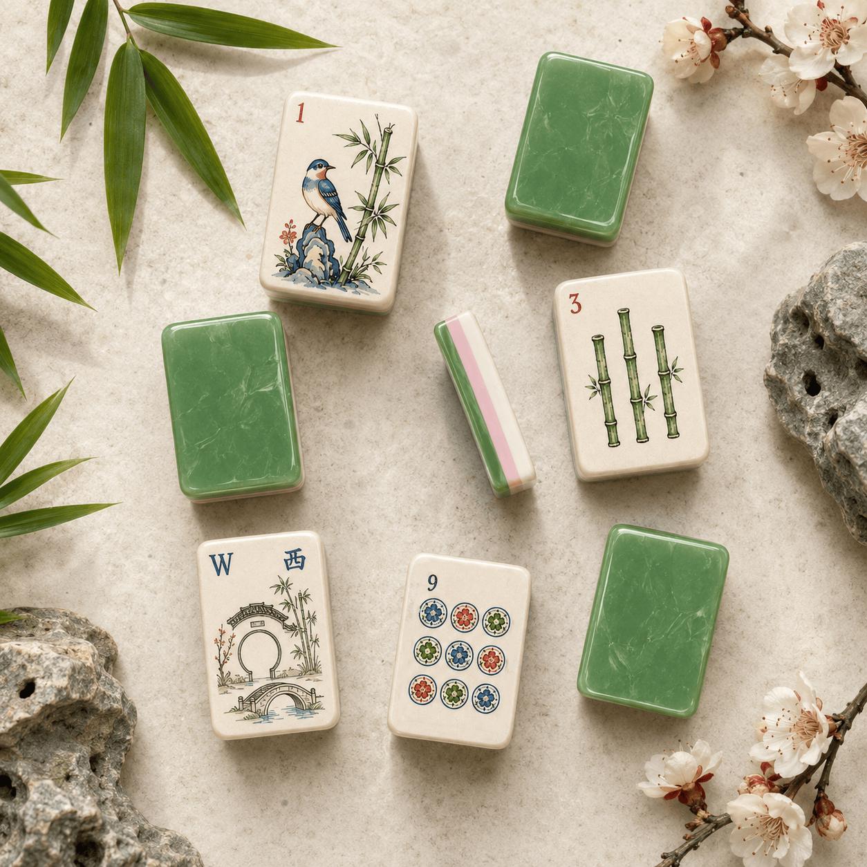 Green-back Chinese garden American Mahjong tiles with bamboo and blue birds