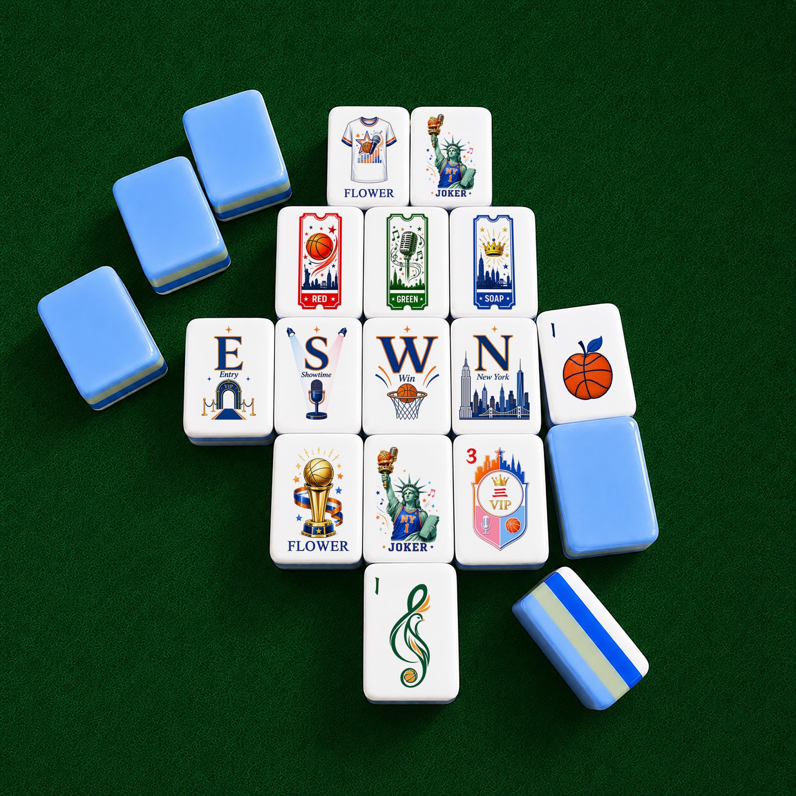 New York Courtside Basketball American Mahjong tiles in blue and orange