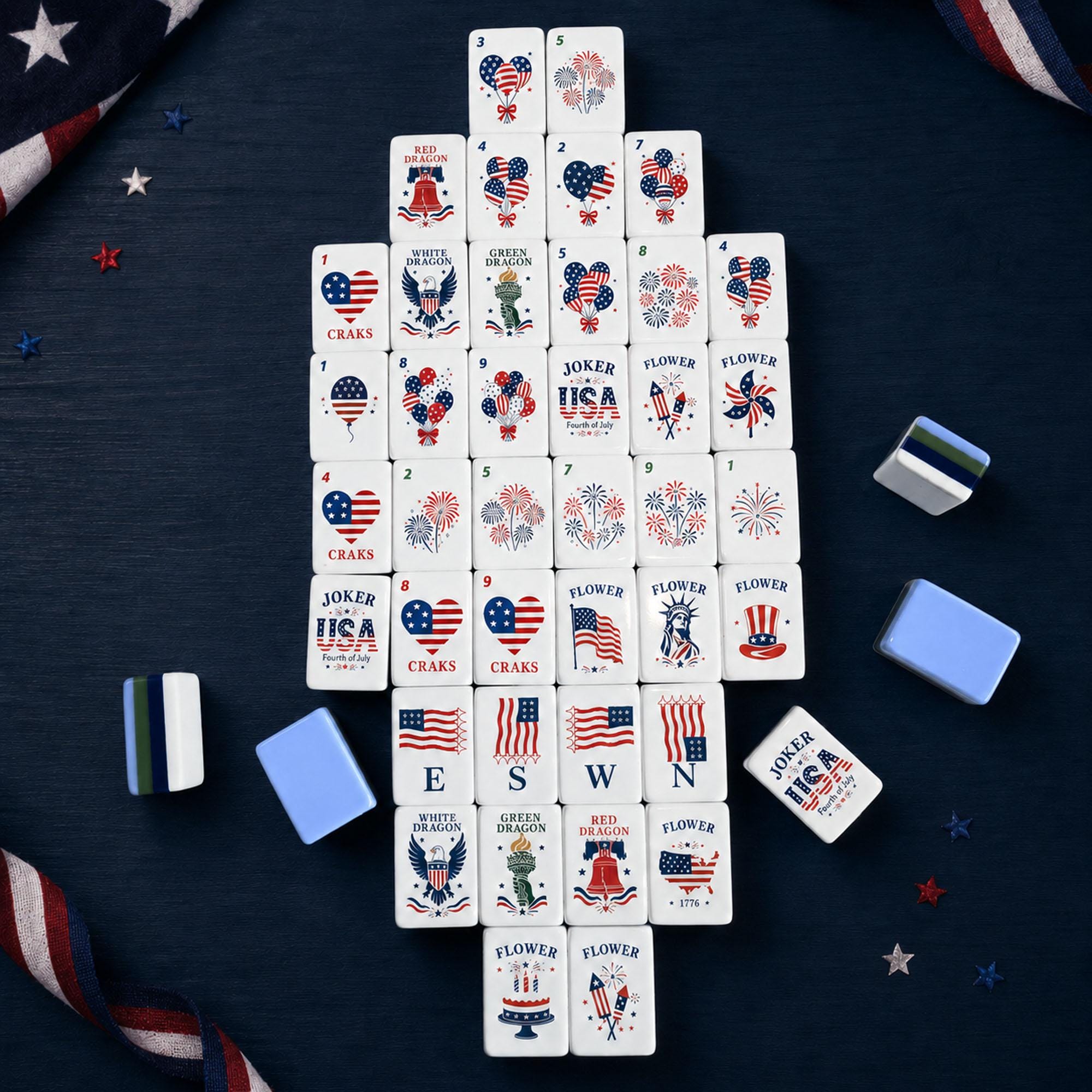 Fourth of July Fireworks American Mahjong Tiles with flag hearts fireworks and USA Joker
