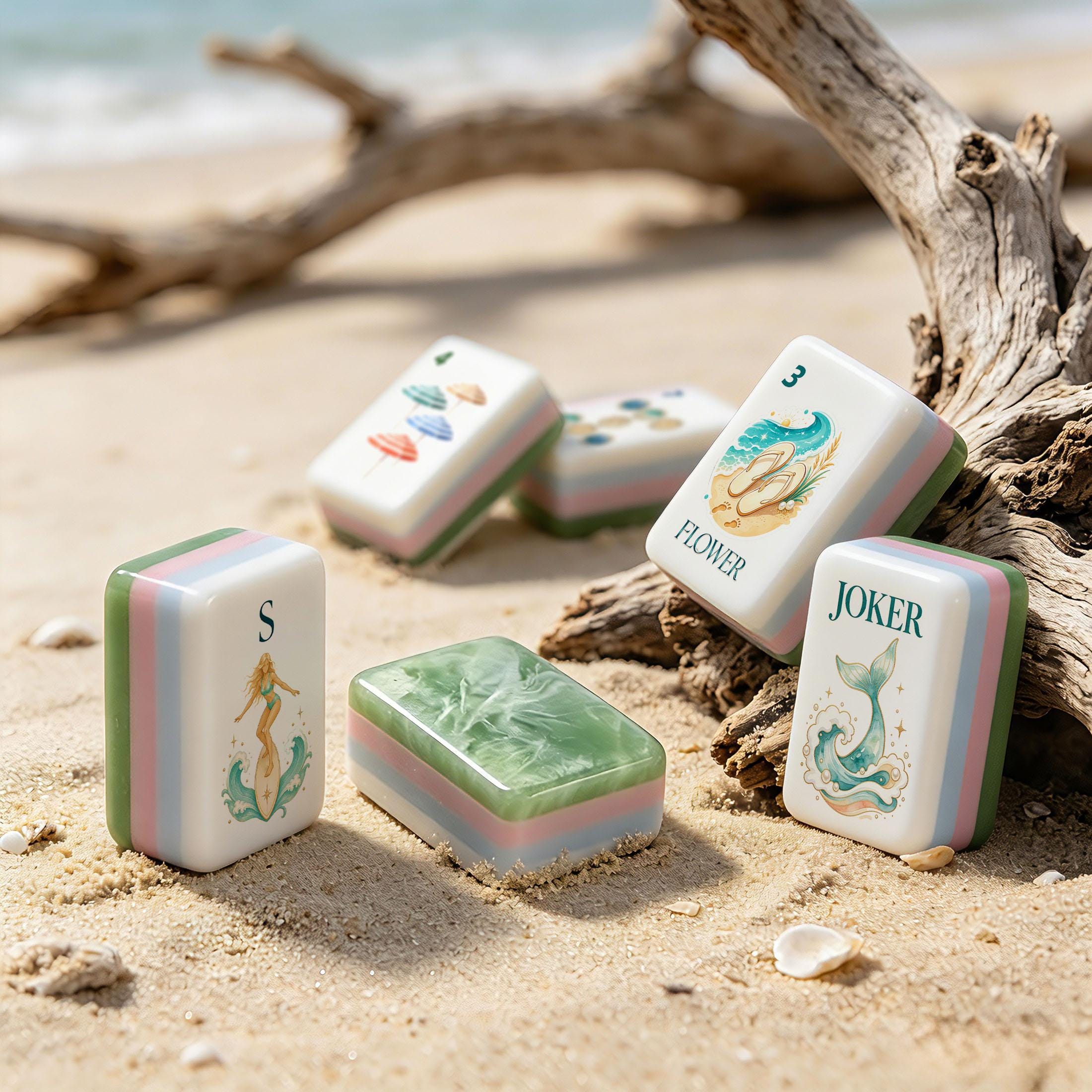 Seafoam Coastal Beach American Mahjong Tiles with shell seahorse wave art and green marbled backs