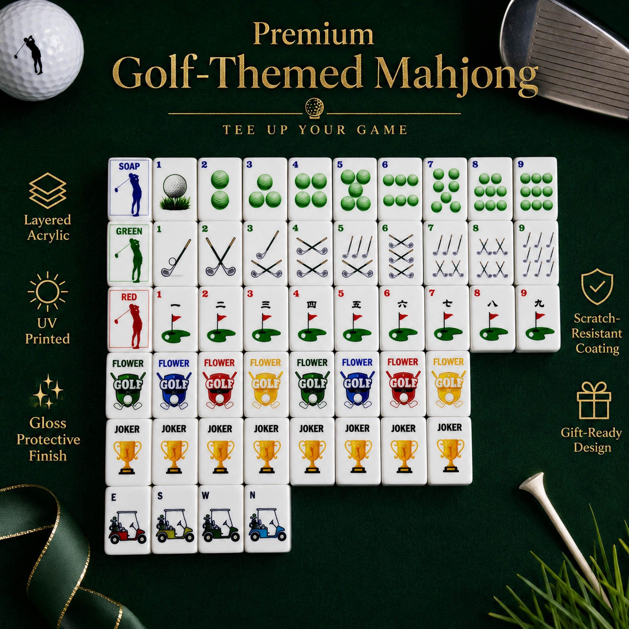 Golf Club Fairway American Mahjong Tiles with golf balls clubs putting greens trophy and cart Winds