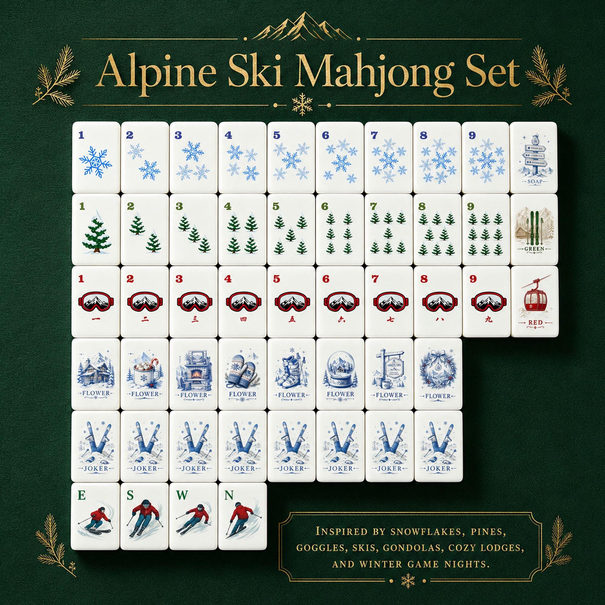 Alpine Ski Snowflake American Mahjong Tiles with snowflakes pine trees goggles and skier Winds