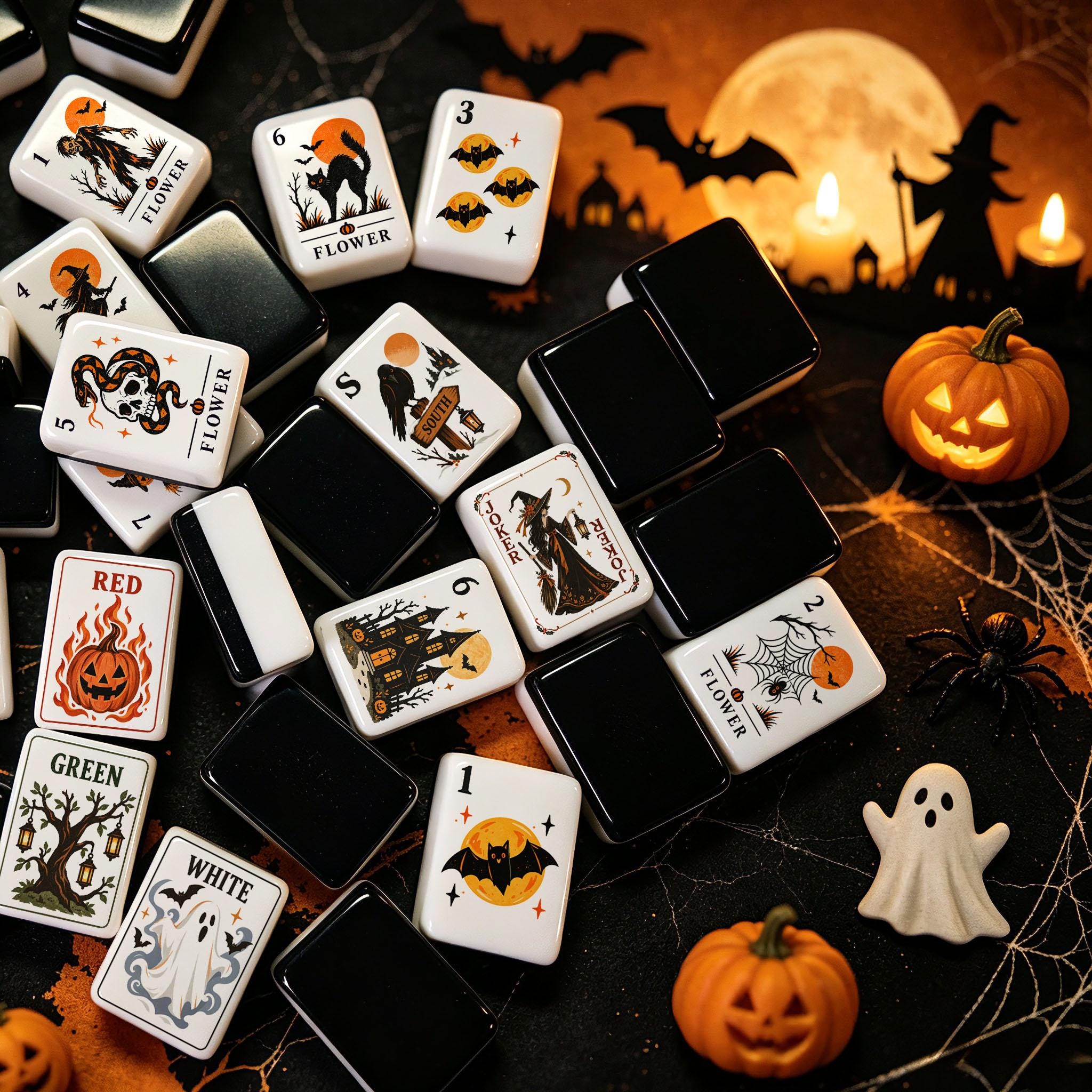 Vintage Halloween Witch American Mahjong Tiles with witch bat raven and black tile backs