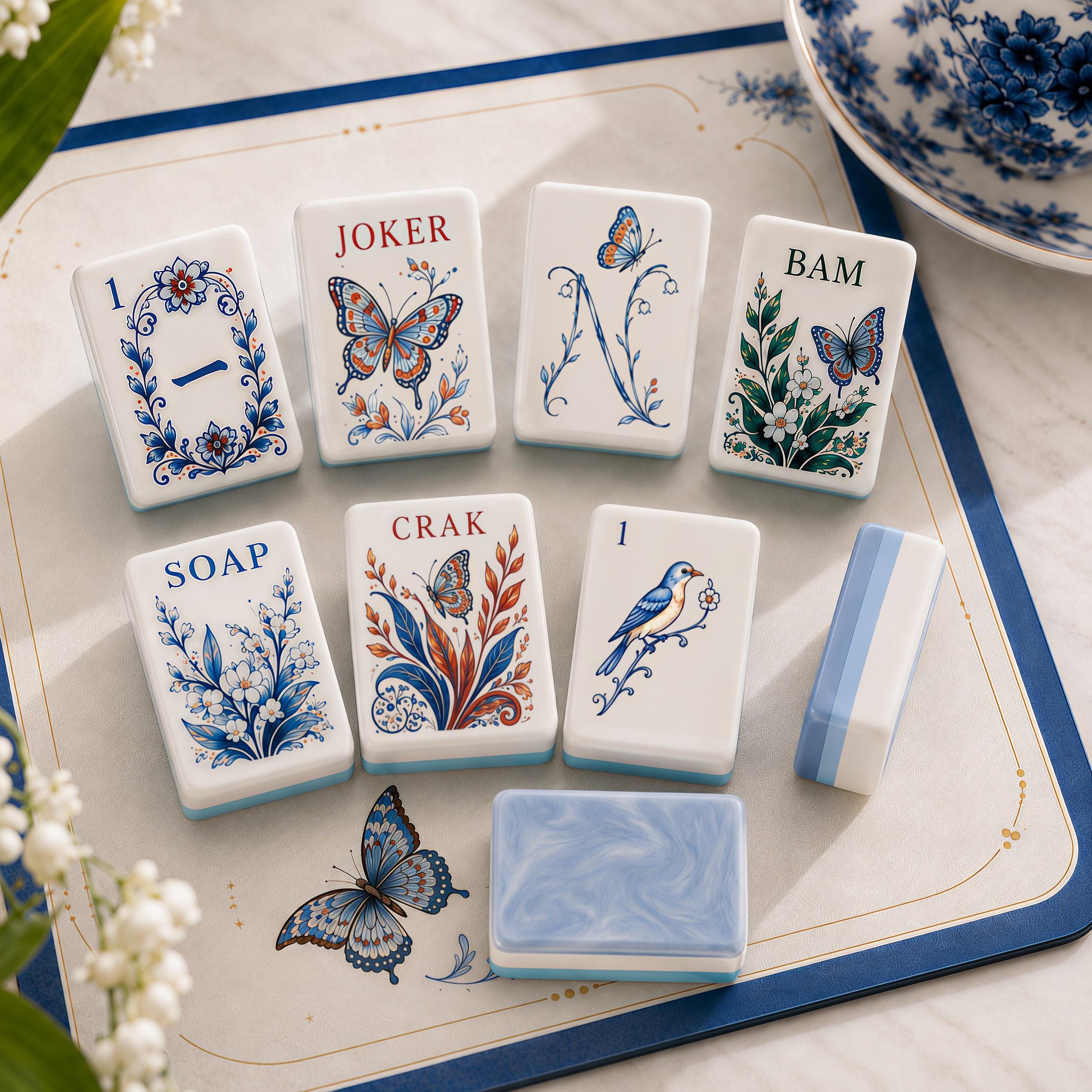 Lily of the valley American Mahjong tiles with blue floral and butterfly artwork