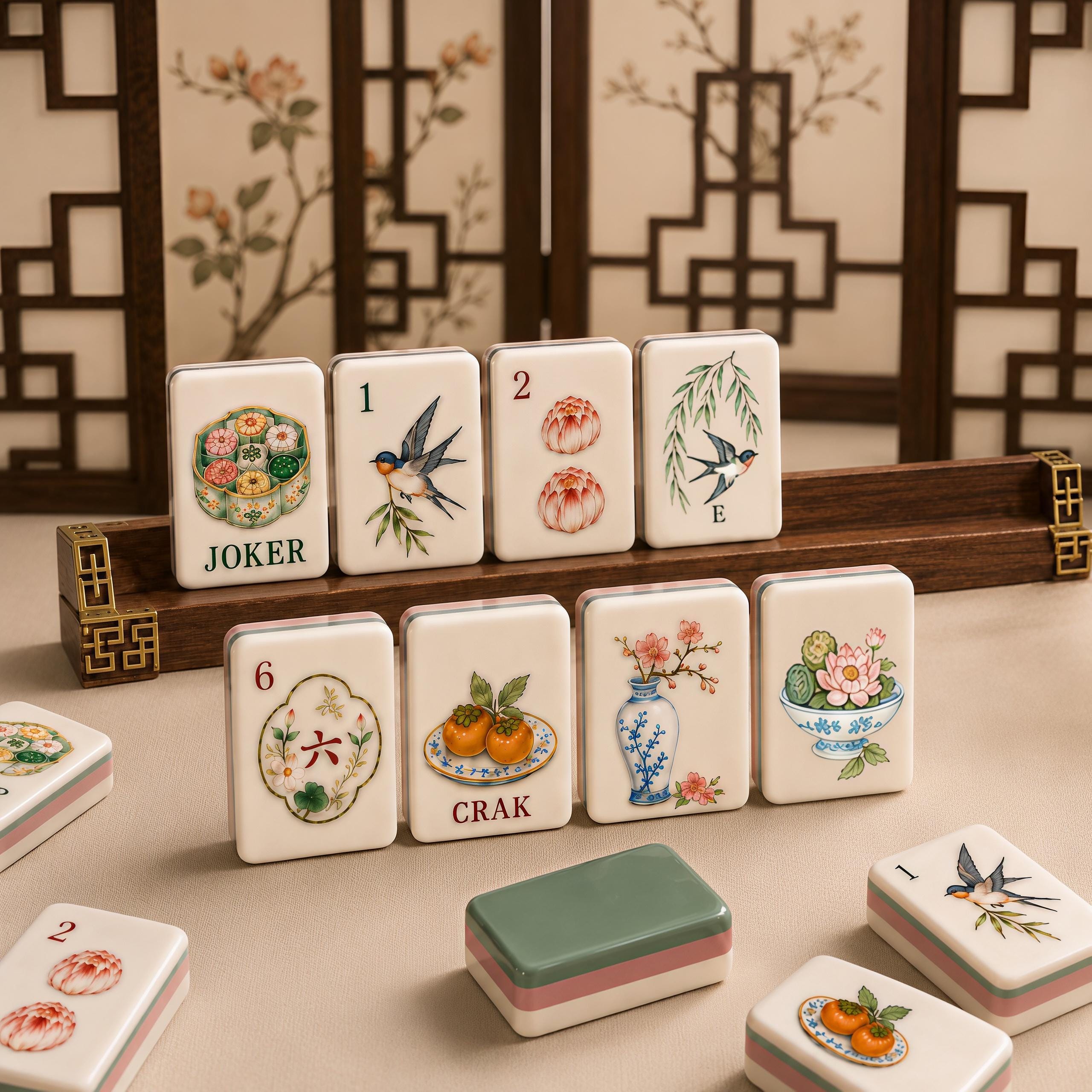 Lotus and swallow American Mahjong tiles with celadon green backs
