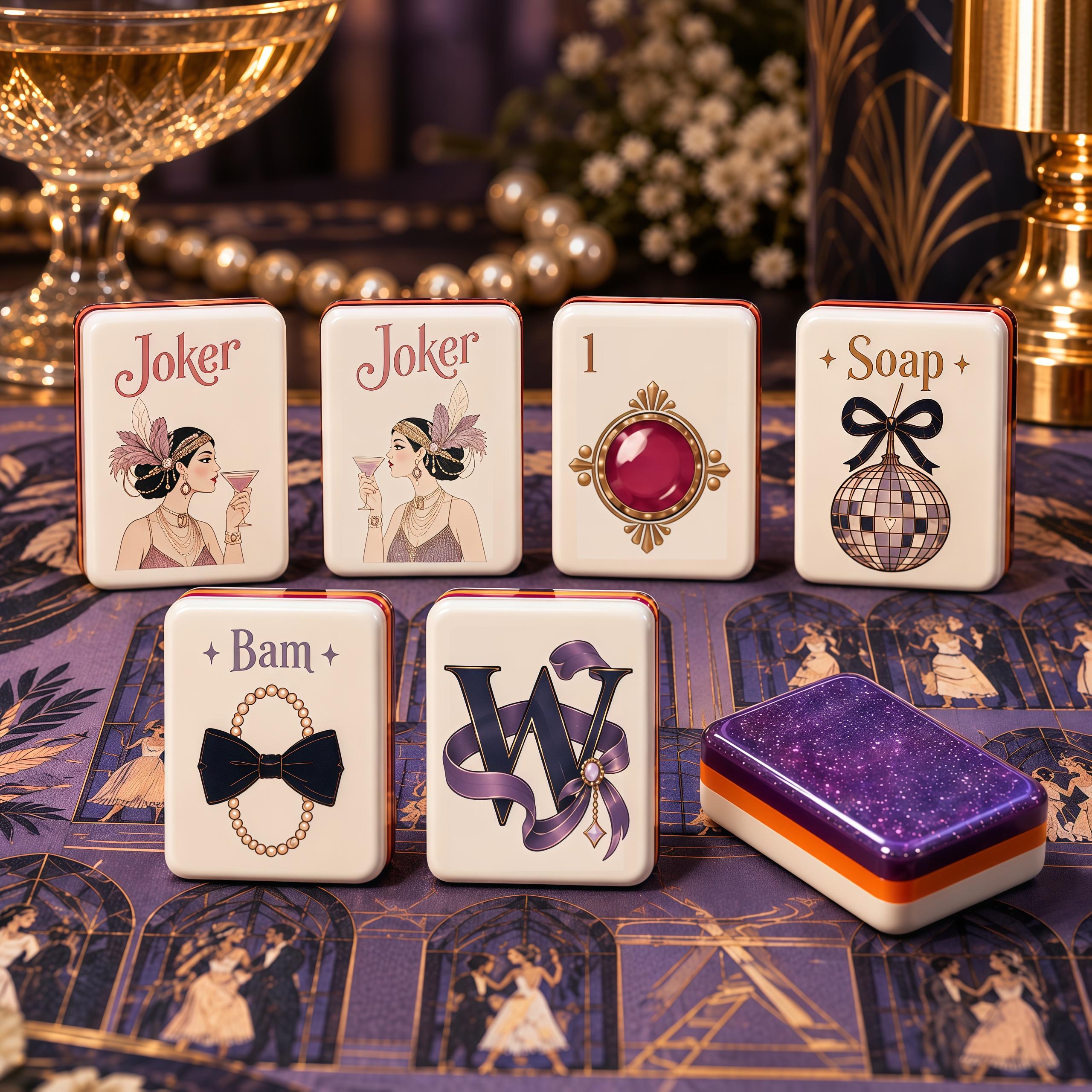 Purple Art Deco Cocktail American Mahjong Tiles with cocktail Jokers jewel motif and purple backs
