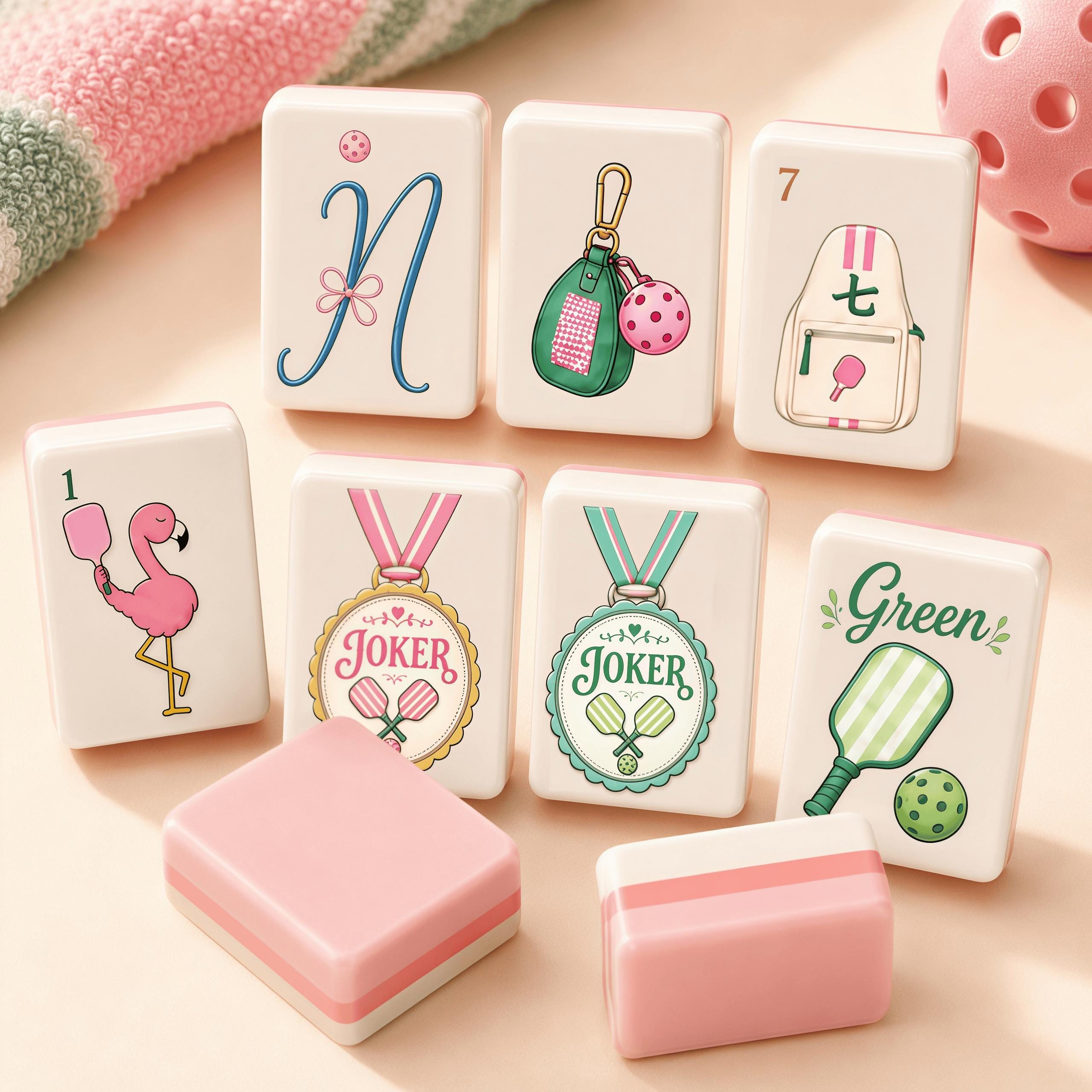 Pastel Pickleball American Mahjong tiles with pink backs and court motifs