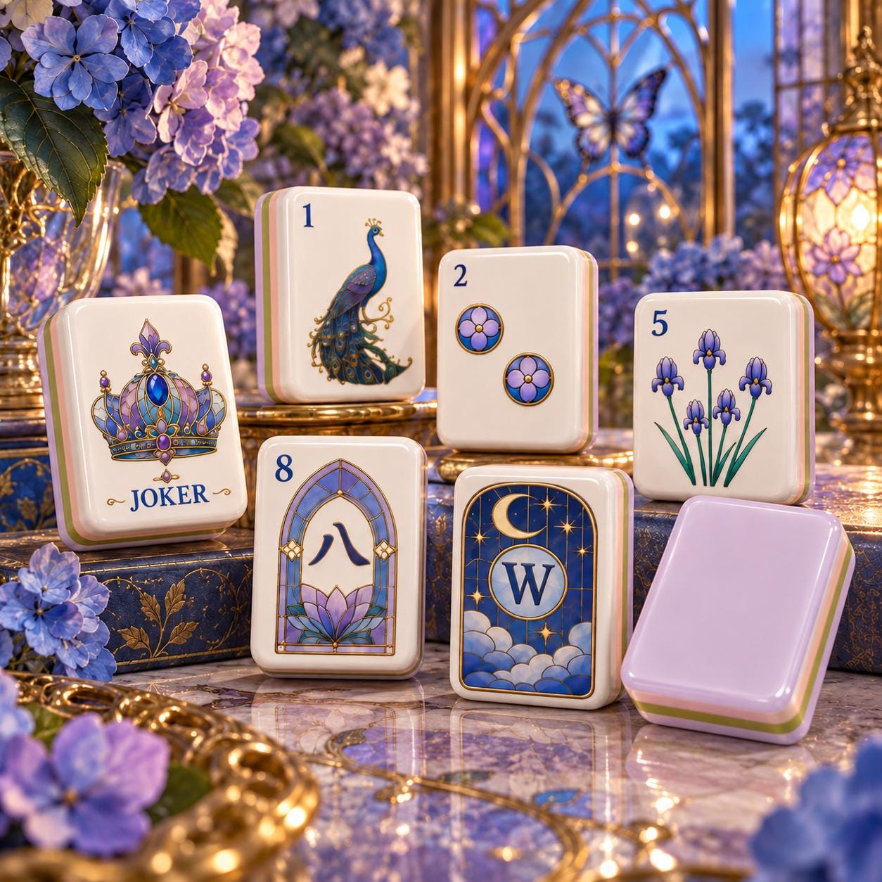 Purple Peacock American Mahjong Tiles with royal garden artwork