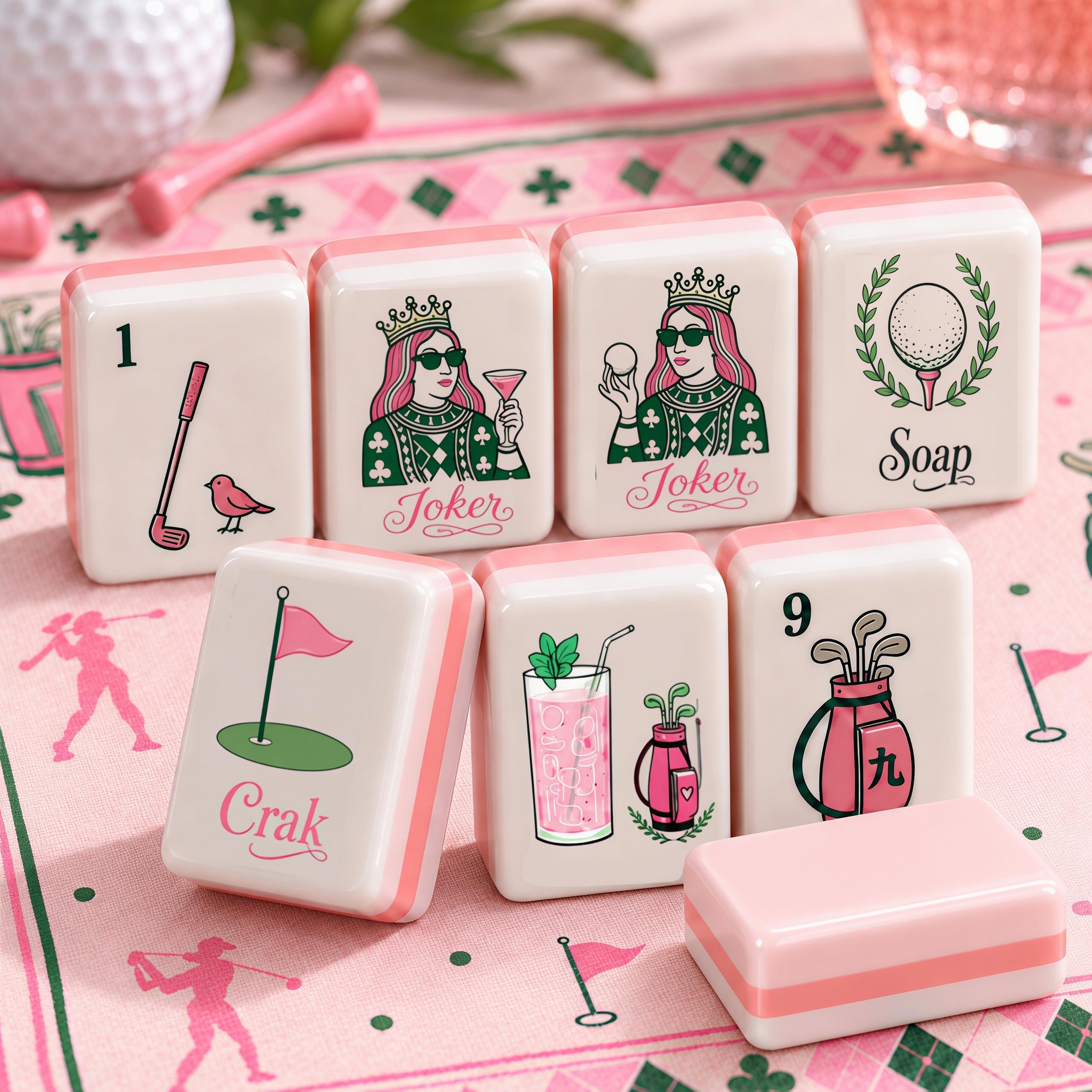 Pink Golf American Mahjong tiles with country club artwork