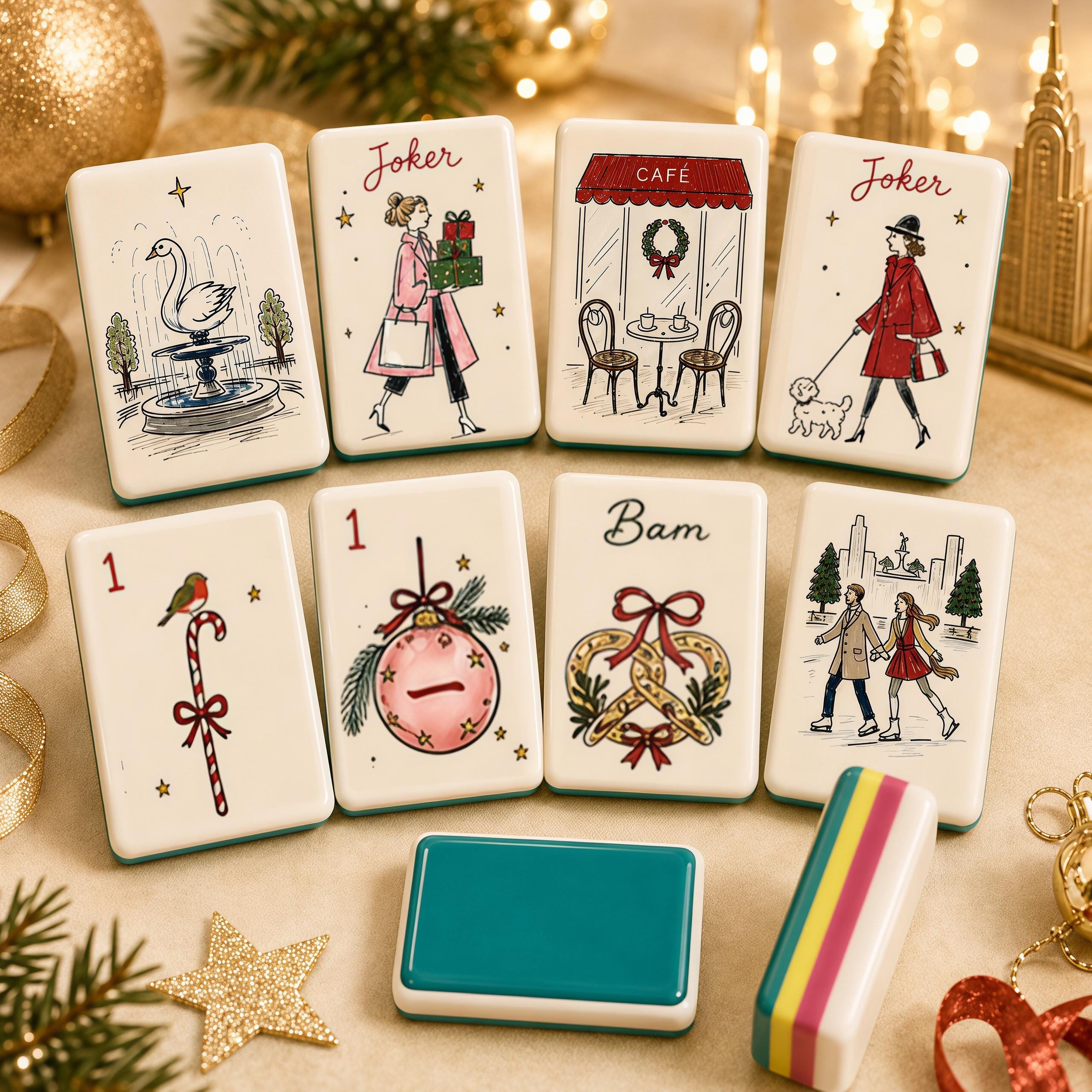 Vintage European Christmas American Mahjong tiles with winter city artwork