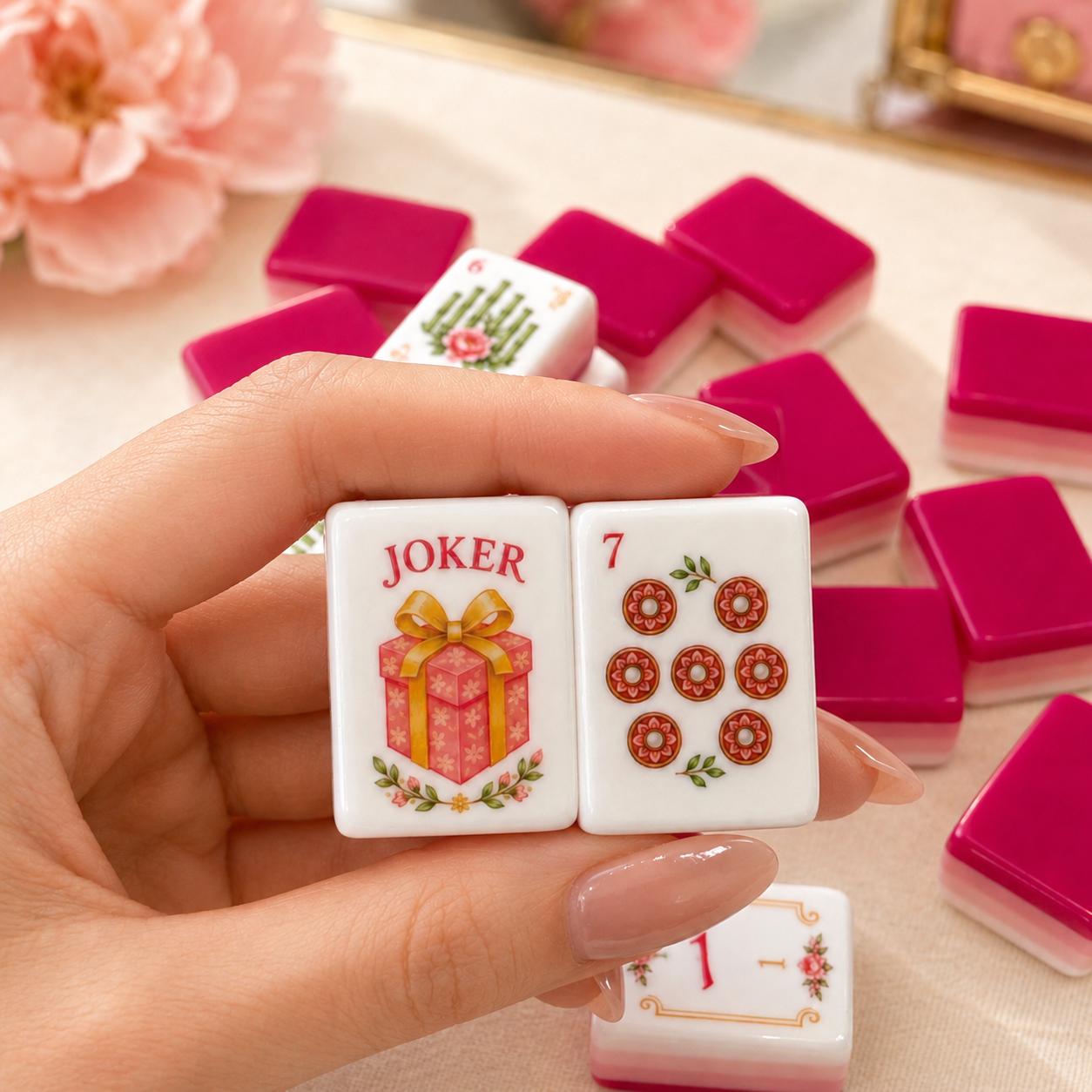 Pink Rose Garden American Mahjong tiles with rose artwork and layered pink sides