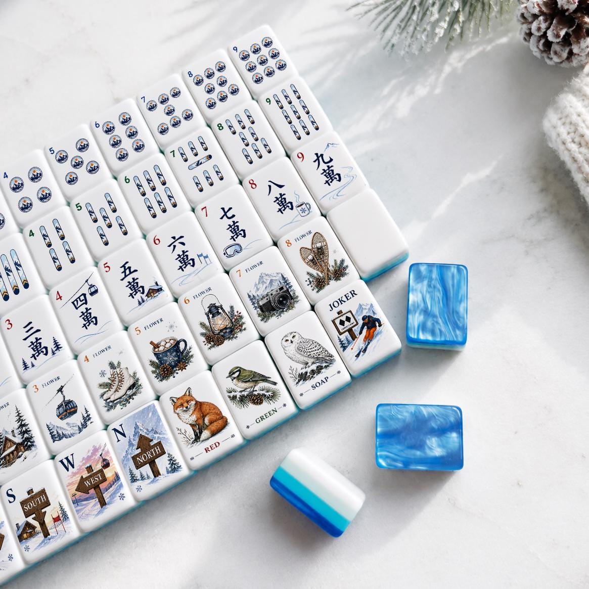 Blue marble Alpine Ski American Mahjong tiles with mountain and gondola artwork