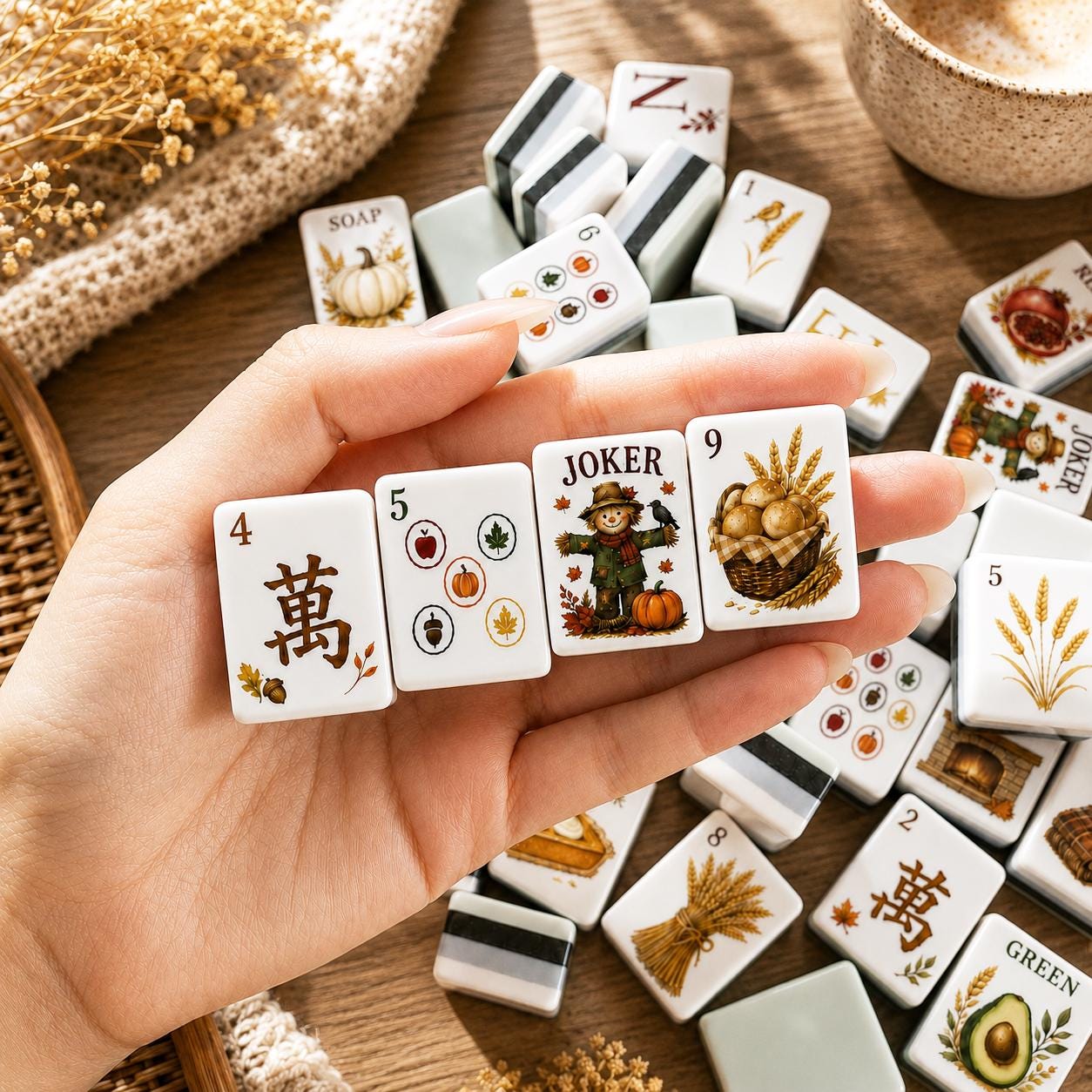 Autumn Harvest American Mahjong tiles in pumpkin orange wheat gold and cranberry