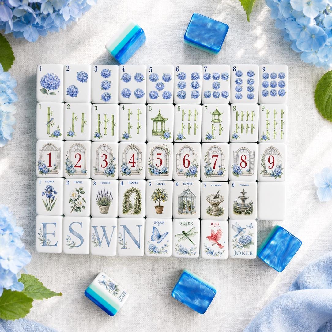 Watercolor Hydrangea Windows American Mahjong Tiles with blue flowers and garden window Craks