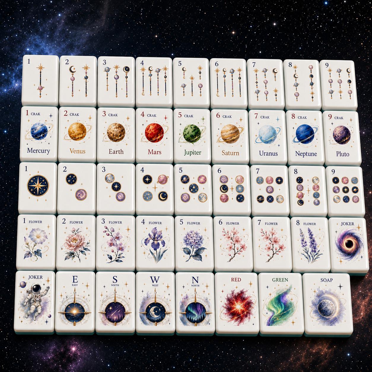 Celestial Galaxy Planet American Mahjong Tiles with planets astronaut black hole and flowers