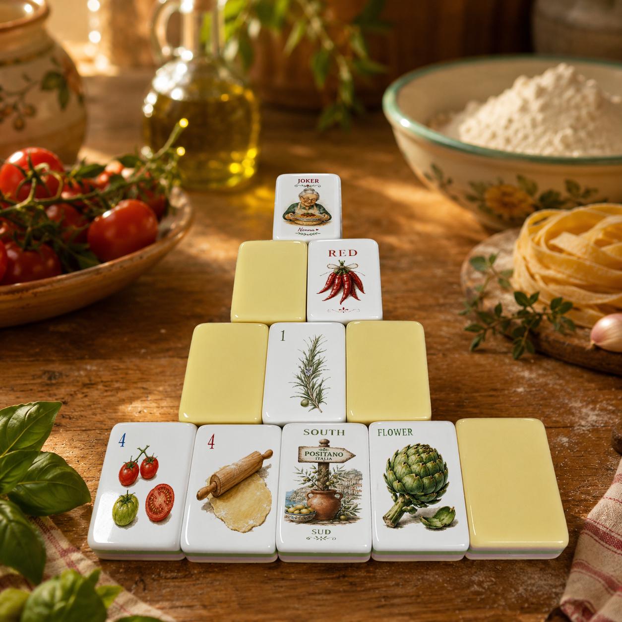 Sunday at Nonnas Italian American Mahjong Tiles with tomato pasta art and pale yellow backs